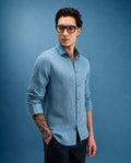 Rare Rabbit Men's Borium-26 Blue 100% Linen Full Sleeve Spread Collar Regular Fit Plain Shirt