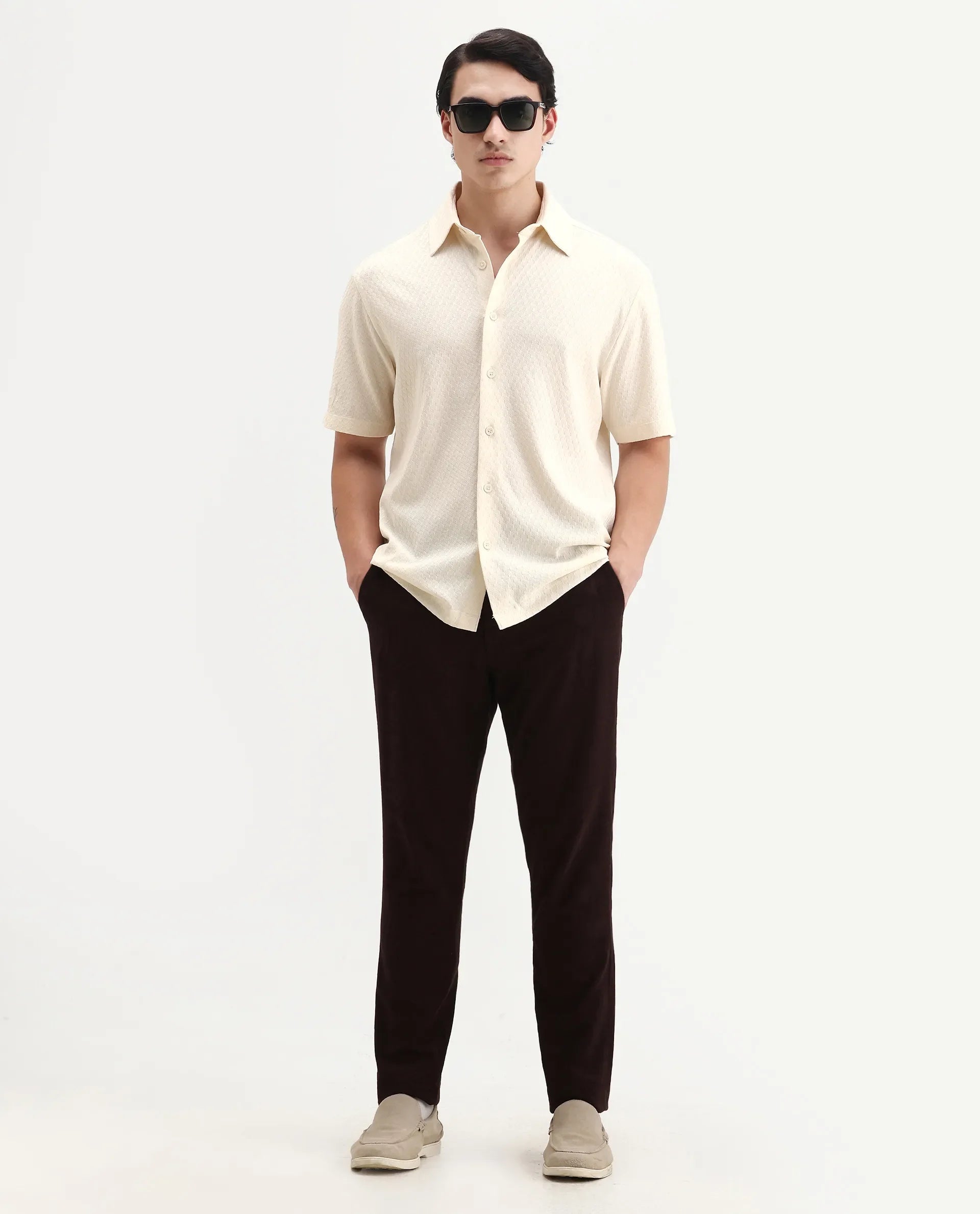 Rare Rabbit Men's Borp Beige Cotton Plain Relaxed Fit Half Sleeve Collared Shirt