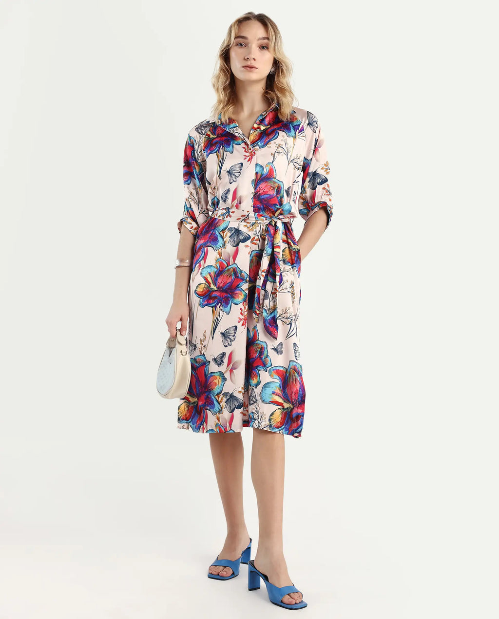 Rareism Women's Borriso Multi Raglan Cotton Blend Drop Collar Floral Print Raglan Sleeve Midi A-Line Dress