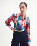 Rareism Women's Bosin Multi Cotton Drop Collar Geometric Print Cuffed Sleeve Regular Fit Top