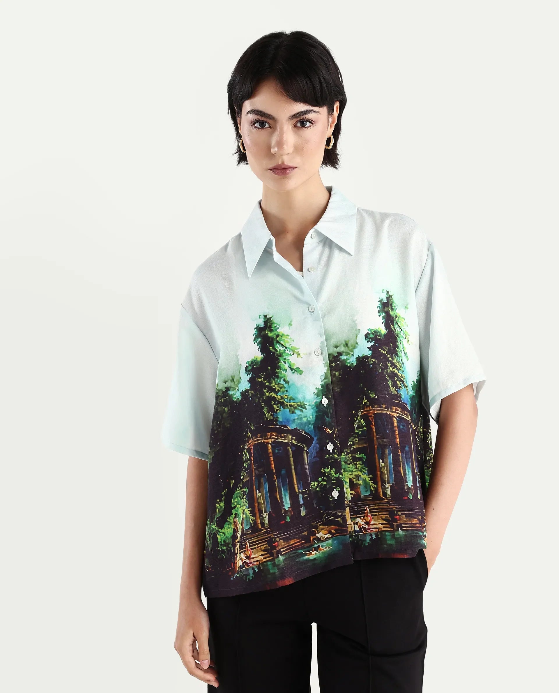 Rareism Women's Boulevard Light Blue Viscose Blend Spread Collar Abstract Print Boxy Fit Top