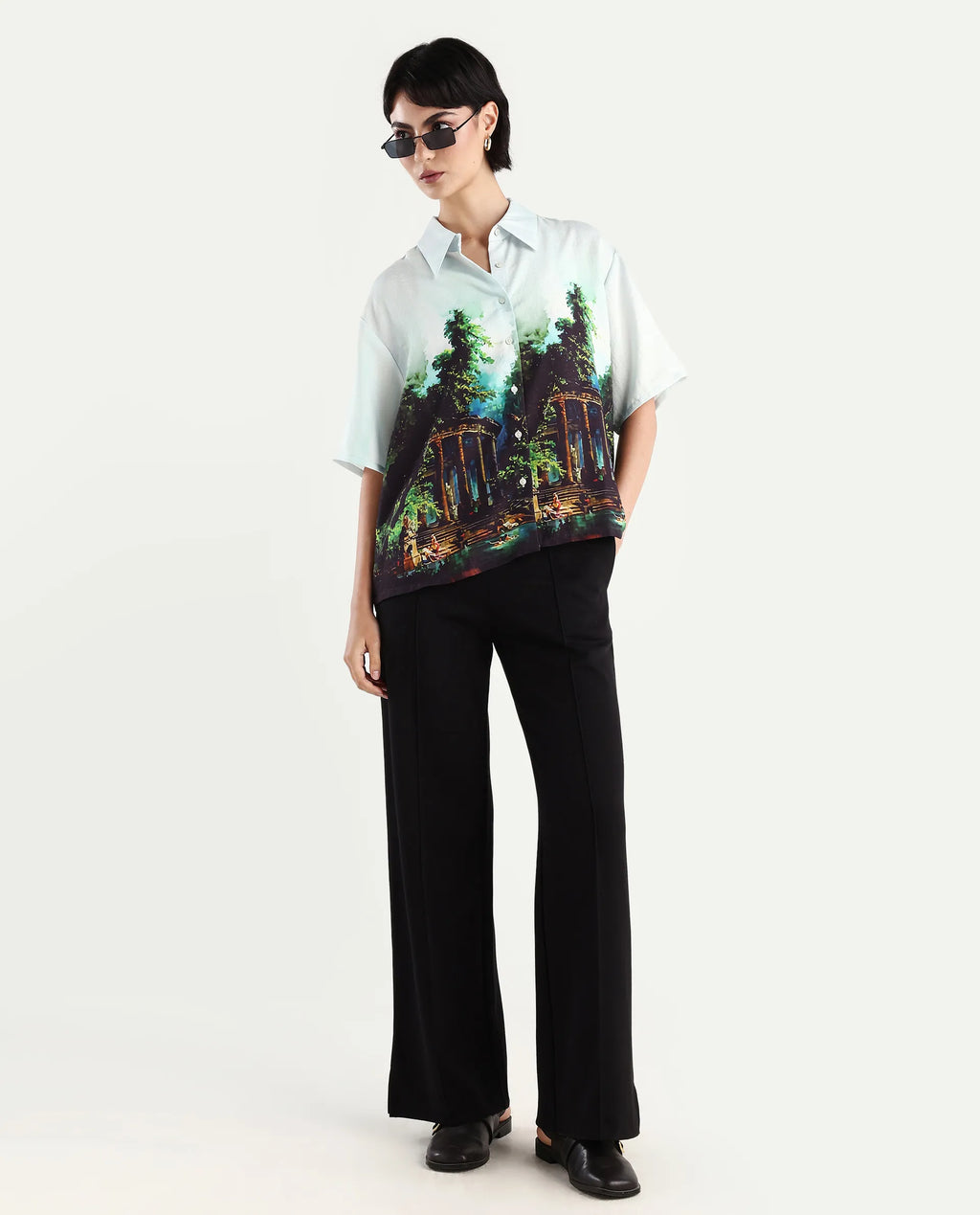Rareism Women's Boulevard Light Blue Viscose Blend Spread Collar Abstract Print Boxy Fit Top