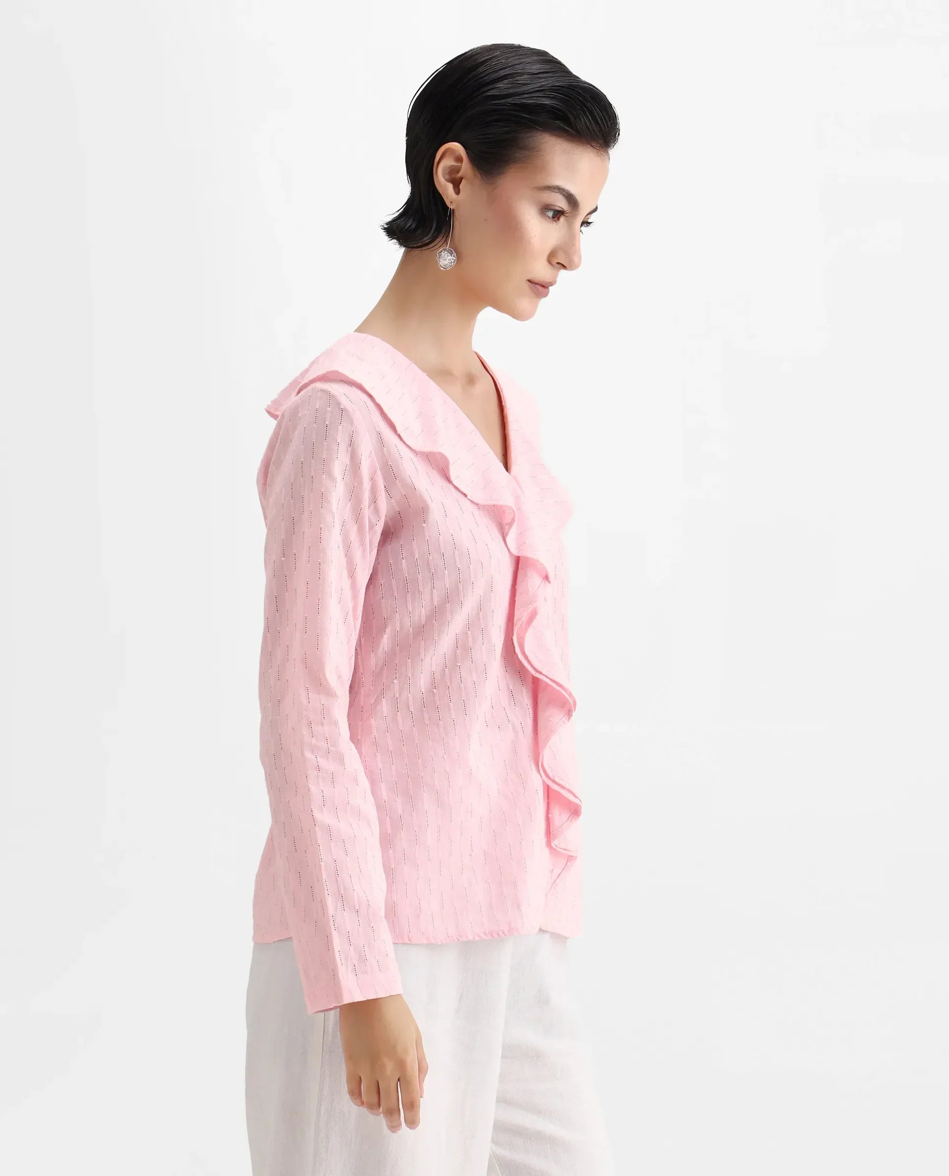 Rareism Women's Bowez Pink Cotton V-Neck Plain Regular Fit Top