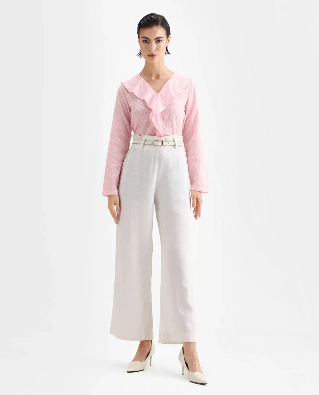 Rareism Women's Bowez Pink Cotton V-Neck Plain Regular Fit Top