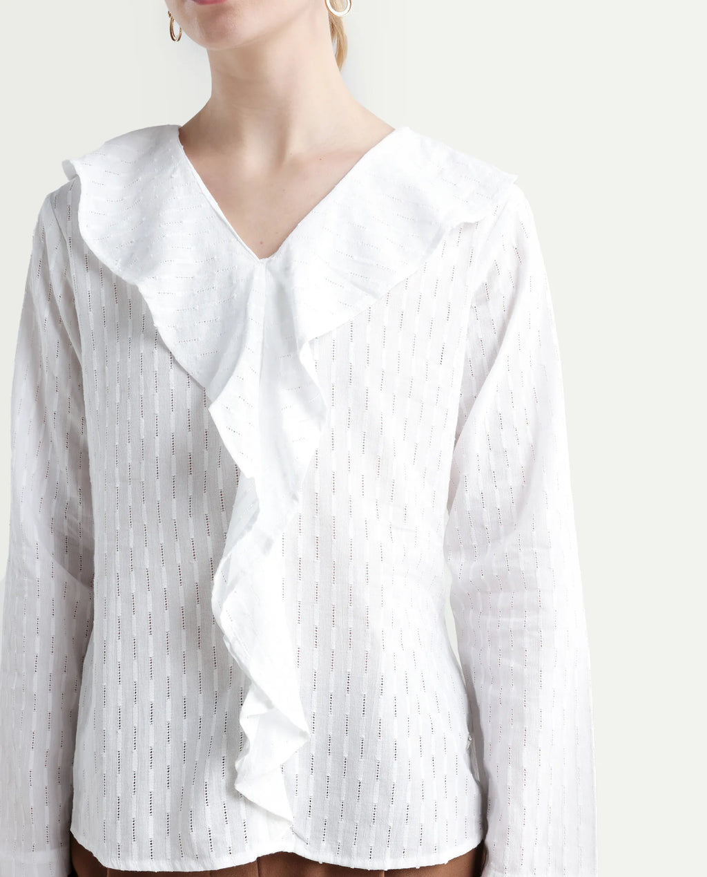 Rareism Women's Bowez White Cotton Ruffled Neck Plain Regular Fit Top