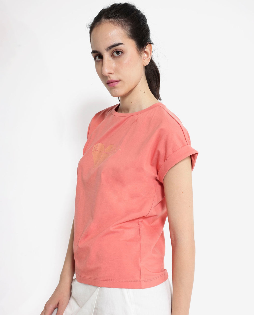 Rareism Women's Brahe Light Orange Cotton Crew Neck Graphic Print Boxy Fit T-Shirt