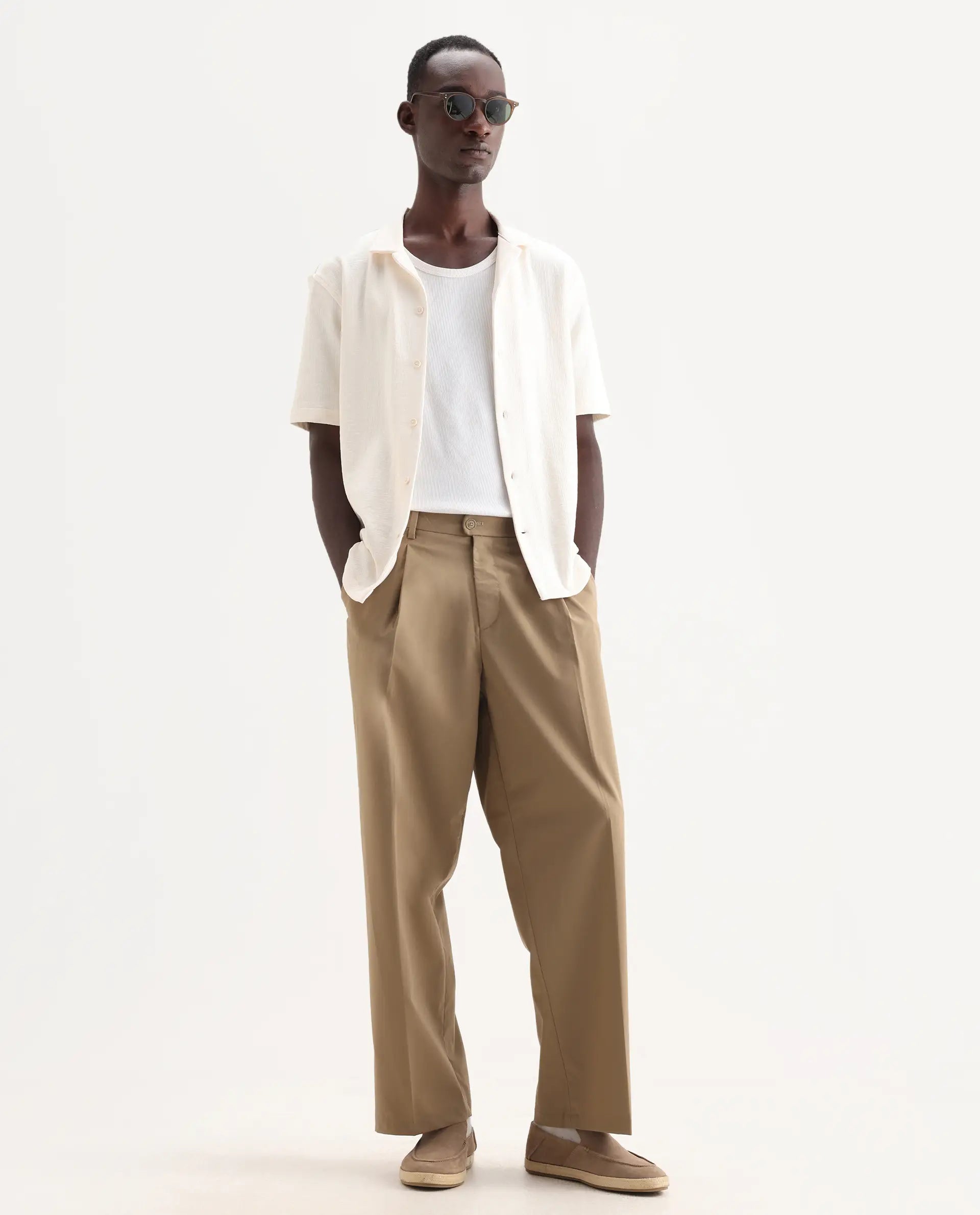 Rare Rabbit Men's Brelint Khaki Linen Blend Plain Relaxed Fit Trouser