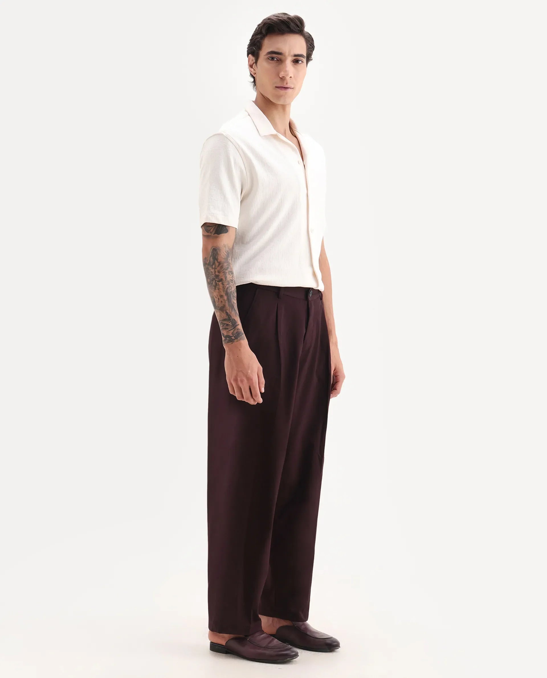 Rare Rabbit Men's Brelint Maroon Cotton Blend Plain Relaxed Fit Trouser