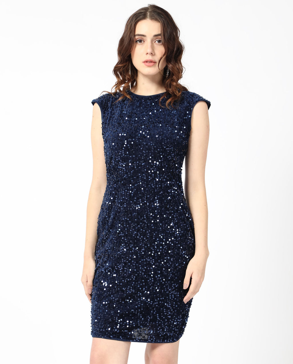 Rareism Women's Briar Sheen Blue Polyester Crew Neck Sequined Extended Sleeves Mini Regular Fit Dress