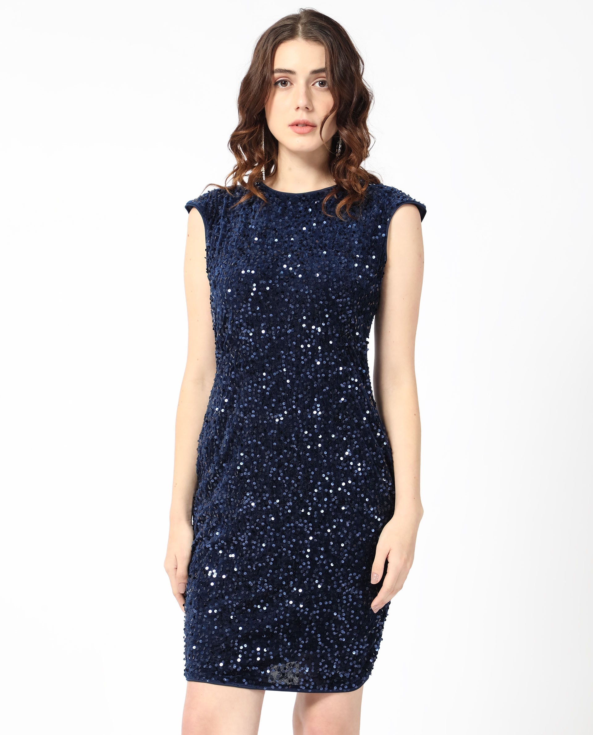 Rareism Women's Briar Sheen Blue Polyester Crew Neck Sequined Extended Sleeves Mini Regular Fit Dress