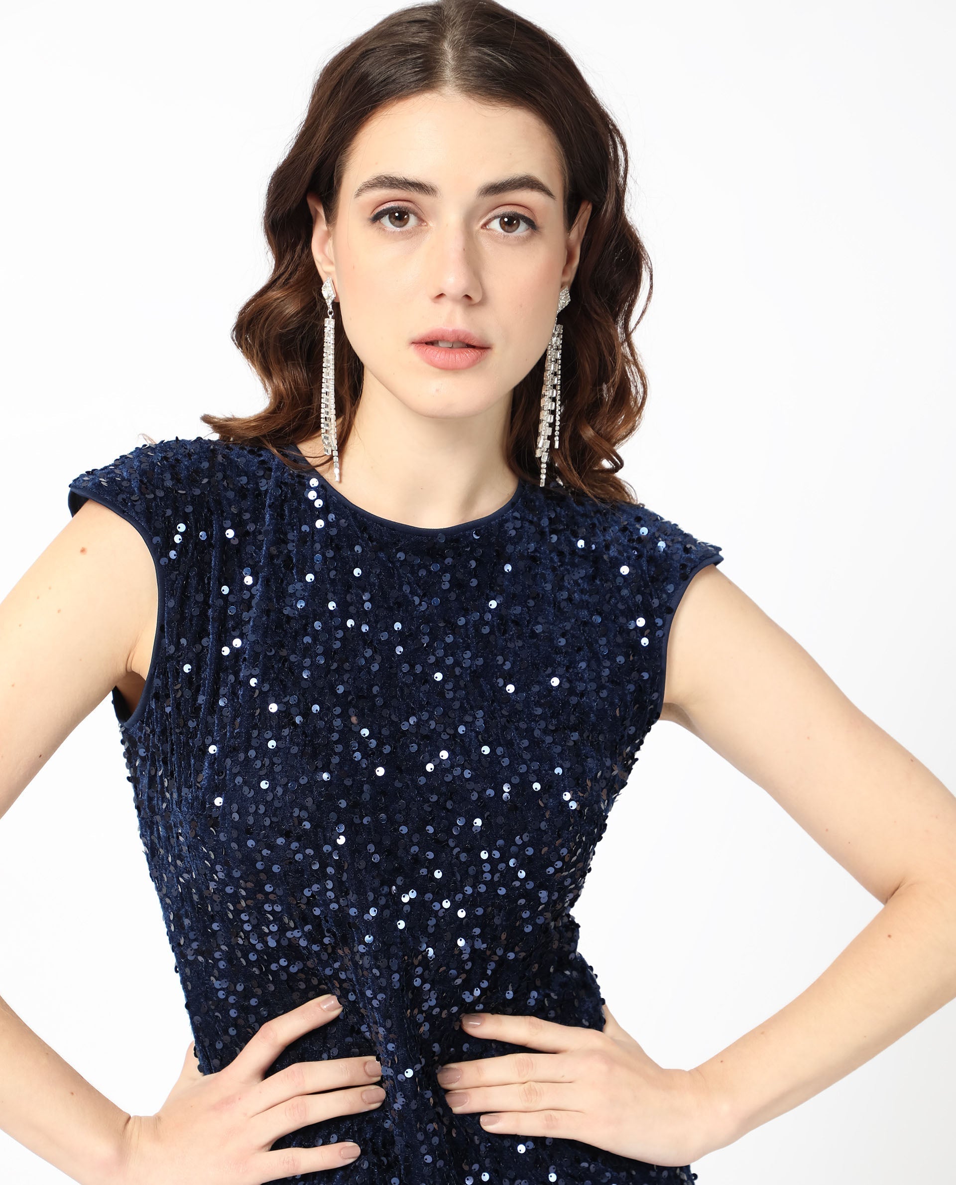 Rareism Women's Briar Sheen Blue Polyester Crew Neck Sequined Extended Sleeves Mini Regular Fit Dress
