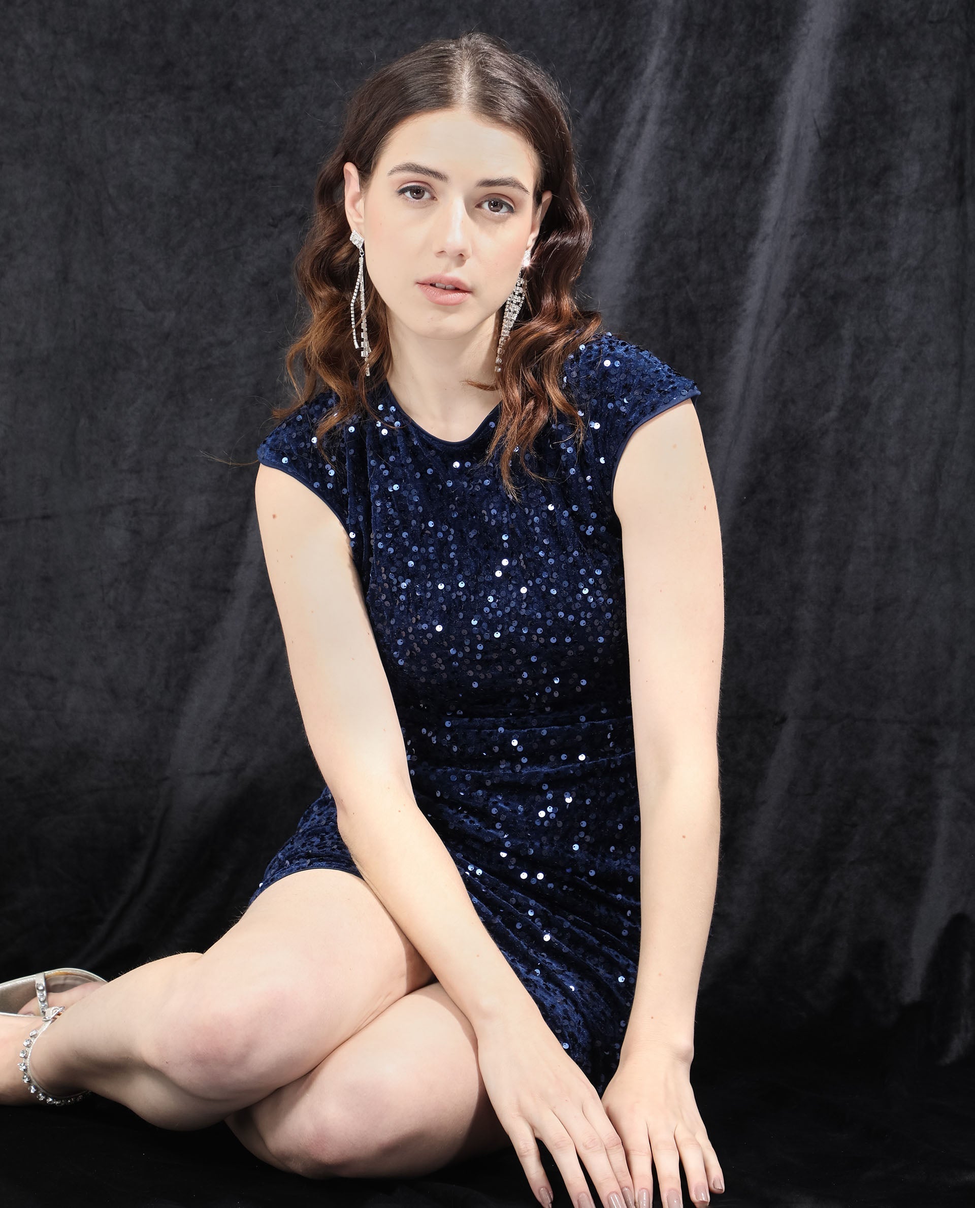 Rareism Women's Briar Sheen Blue Polyester Crew Neck Sequined Extended Sleeves Mini Regular Fit Dress