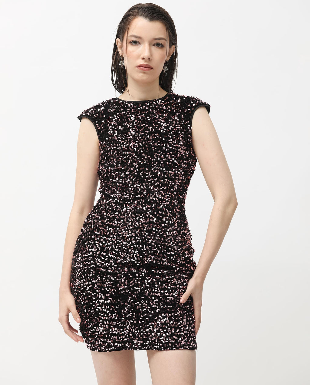 Rareism Women's Briar Sheen Pink Polyester Crew Neck Sequined Extended Sleeves Mini Regular Fit Dress