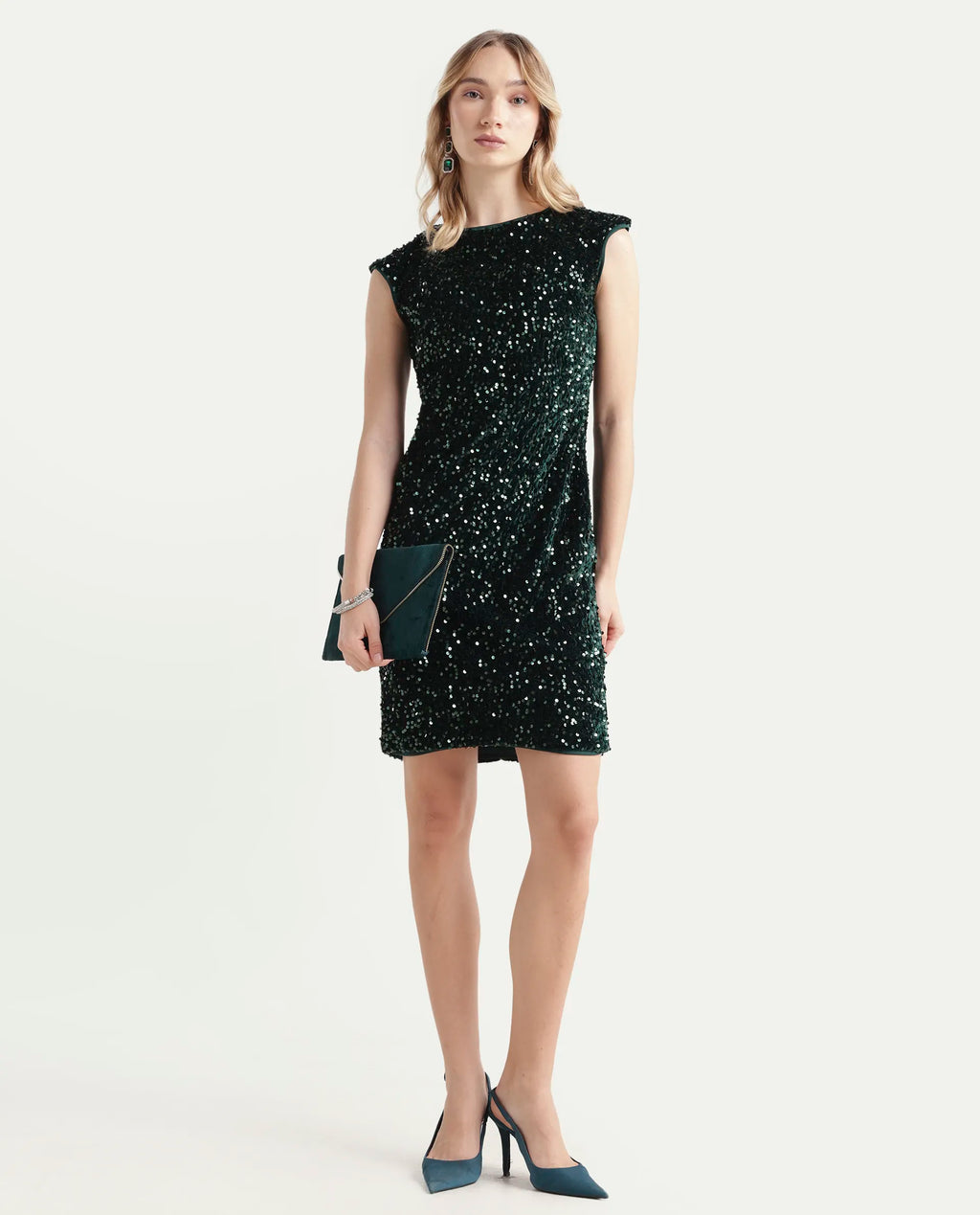 Rareism Women's Briar Sheen Green Polyester Crew Neck Sequined Extended Sleeves Mini Regular Fit Dress