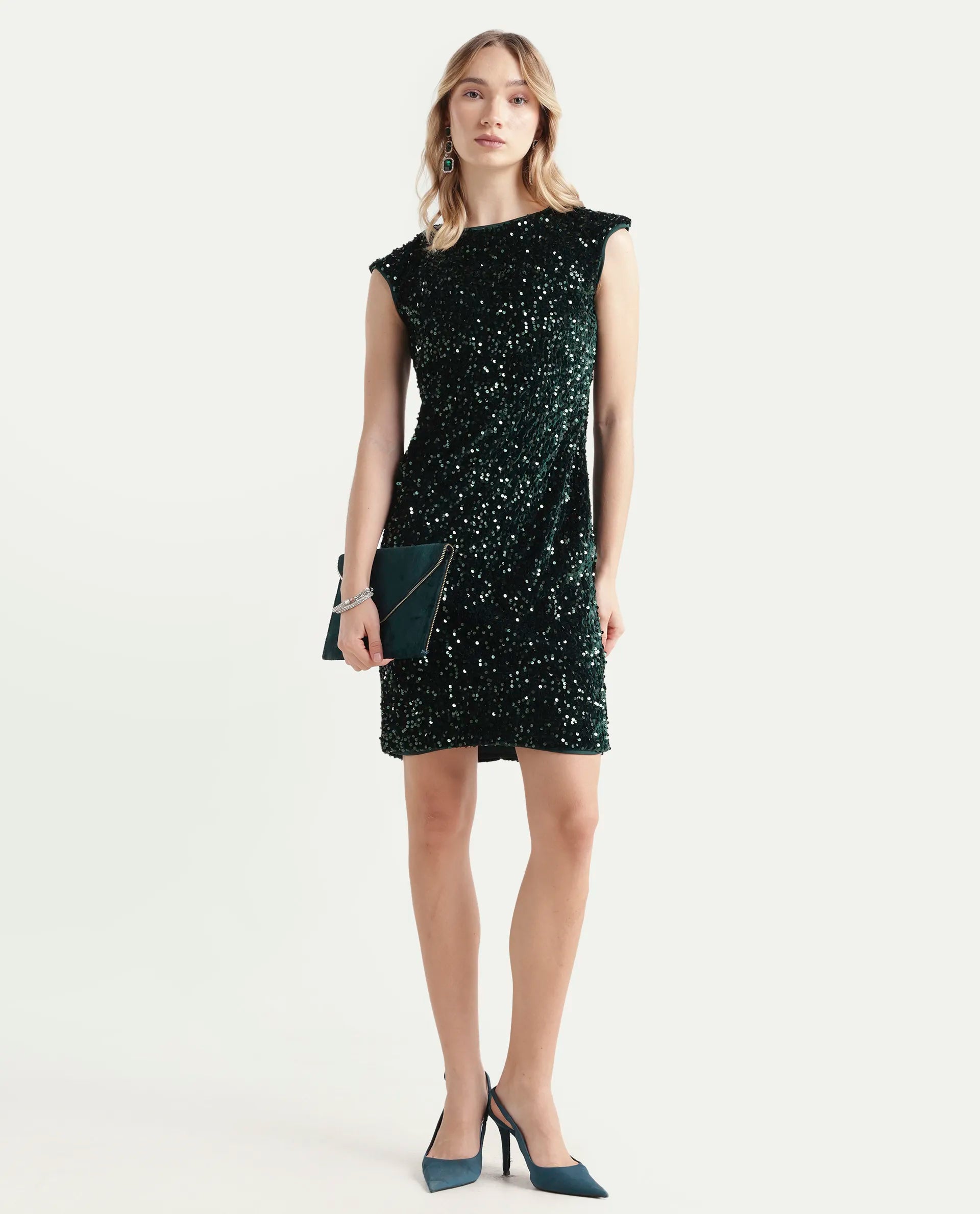 Rareism Women's Briar Sheen Green Polyester Crew Neck Sequined Extended Sleeves Mini Regular Fit Dress