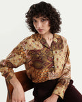 Rareism Women's Broadway Brown Poplin Lapel Neck Abstract Print Cuffed Sleeve Relaxed Fit Top