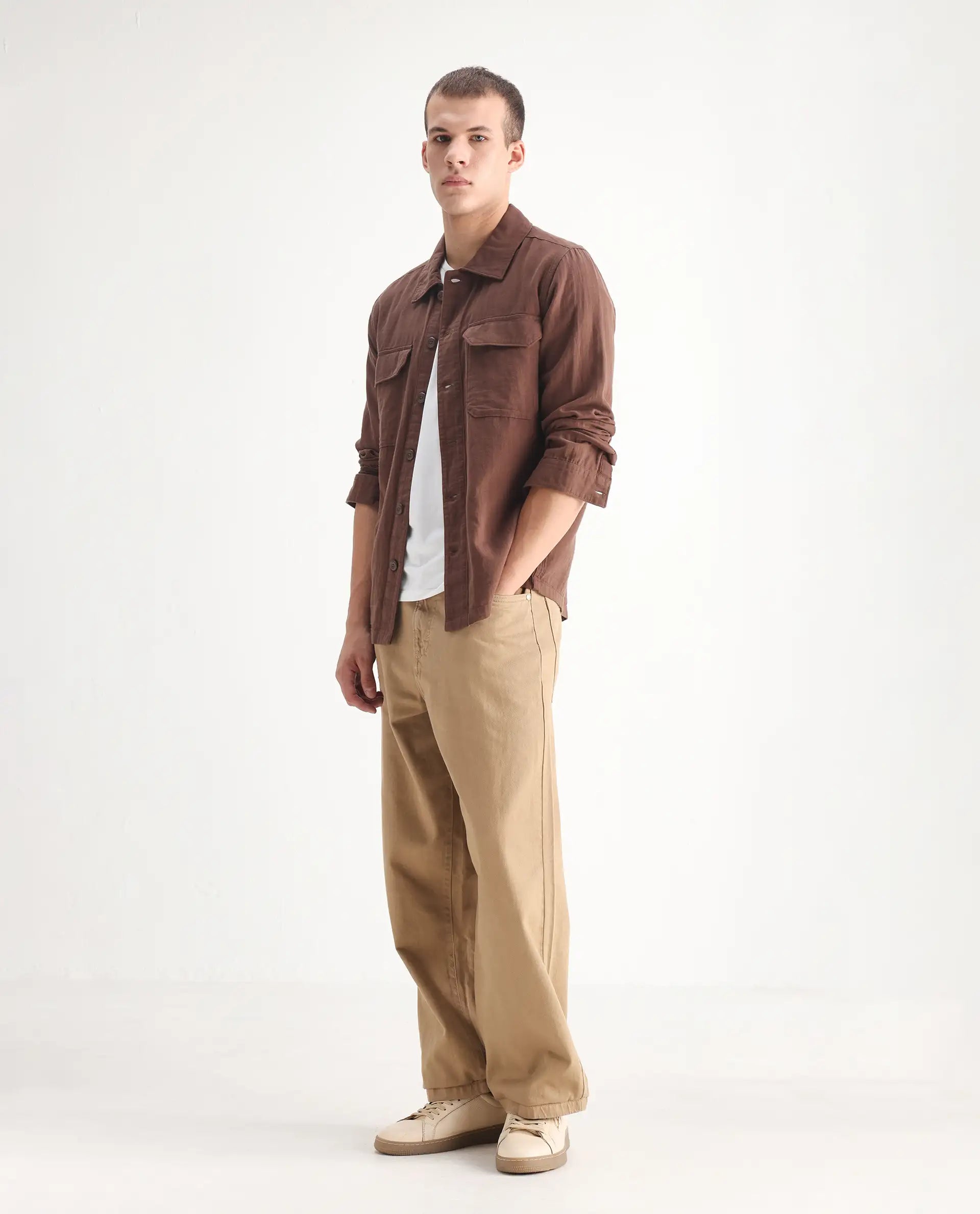 Rare Rabbit Men's Bron Beige Cotton Plain Baggy Fit Jeans