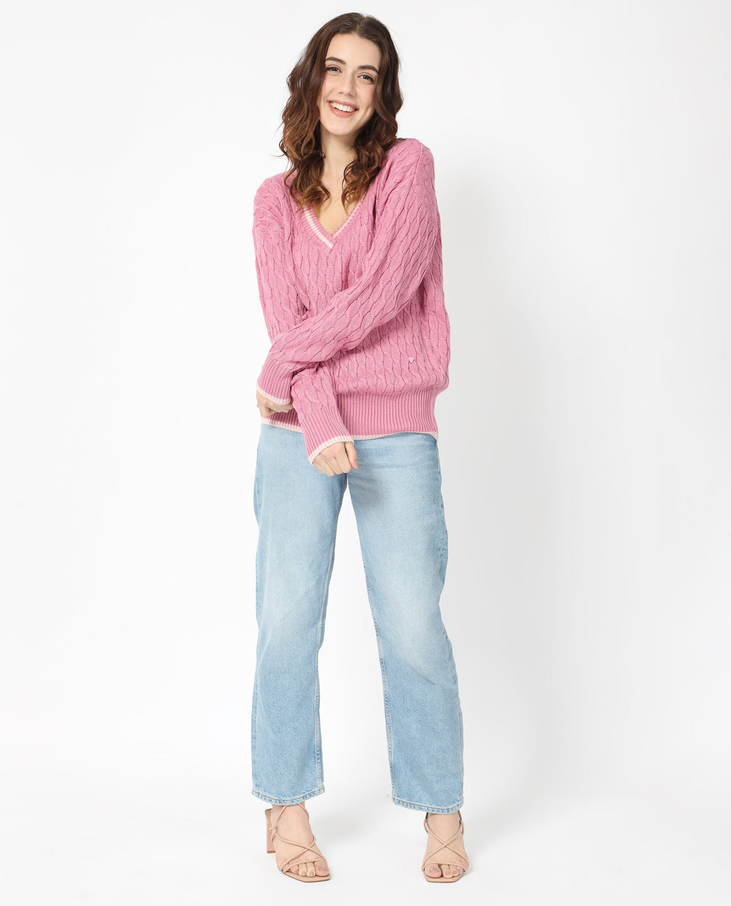 Rareism Women's Broun Dusky Pink Acrylic V-Neck Plain Relaxed Fit Sweater