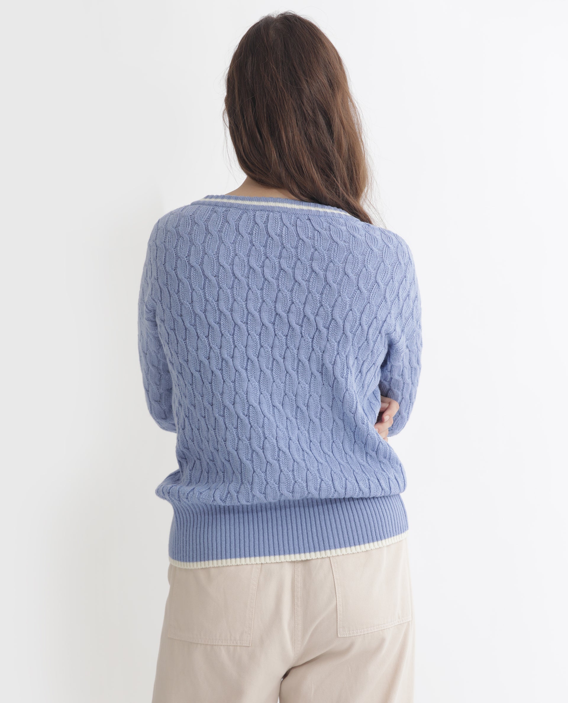 Rareism Women's Broun Light Blue Acrylic V-Neck Plain Relaxed Fit Sweater