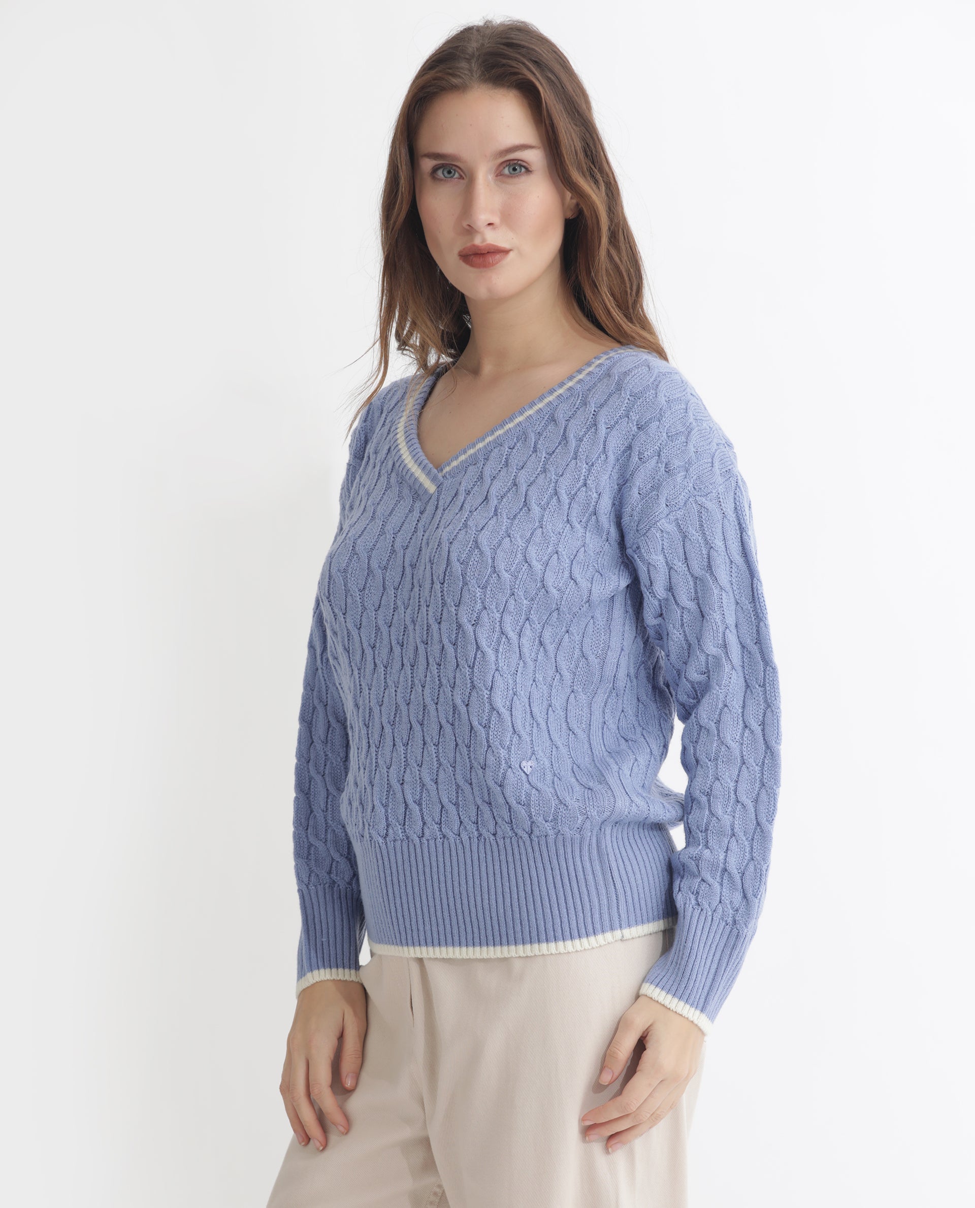 Rareism Women's Broun Light Blue Acrylic V-Neck Plain Relaxed Fit Sweater