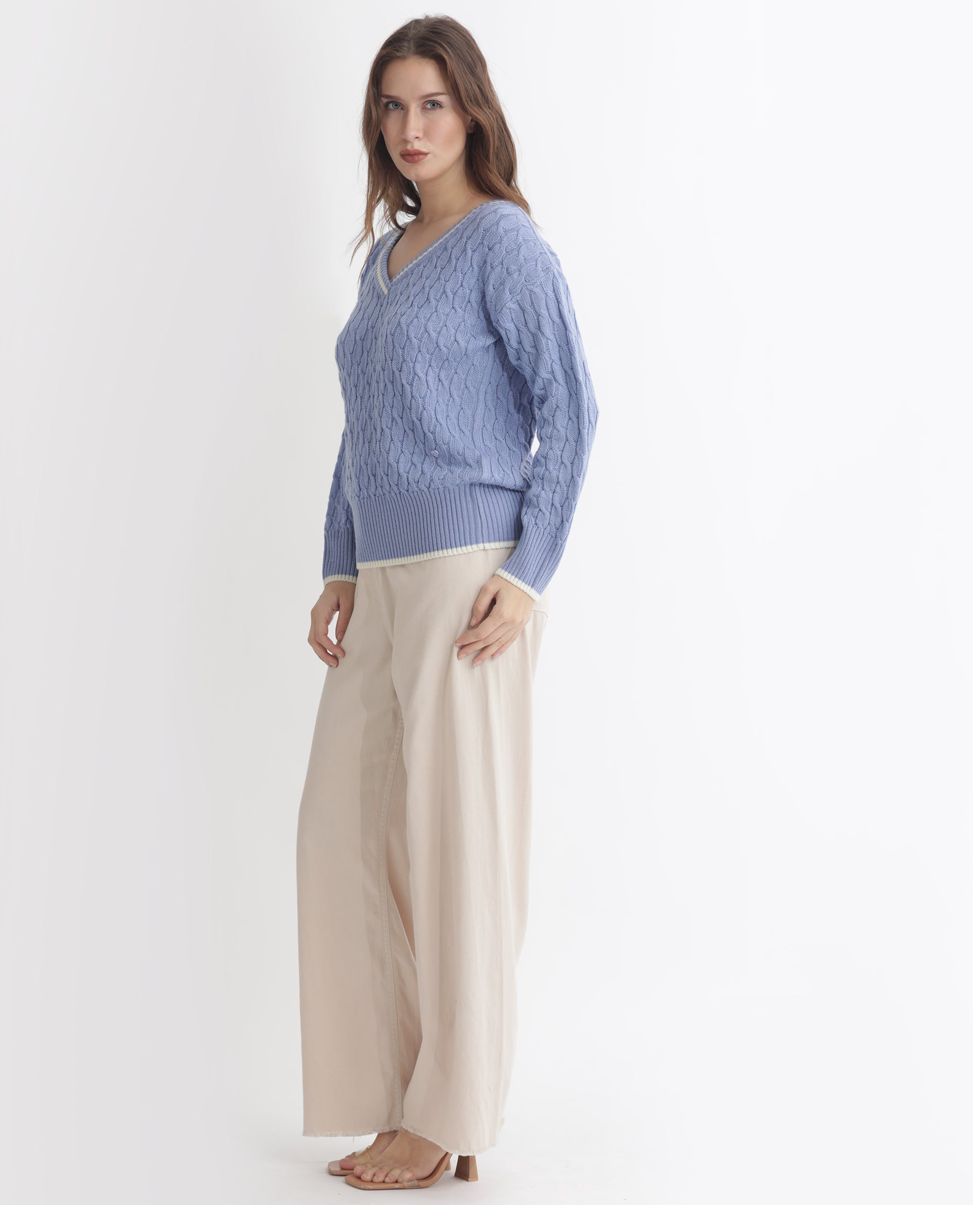 Rareism Women's Broun Light Blue Acrylic V-Neck Plain Relaxed Fit Sweater
