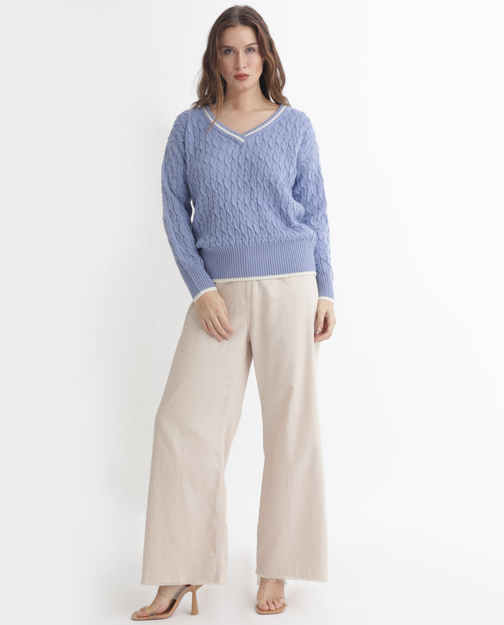 Rareism Women's Broun Light Blue Acrylic V-Neck Plain Relaxed Fit Sweater