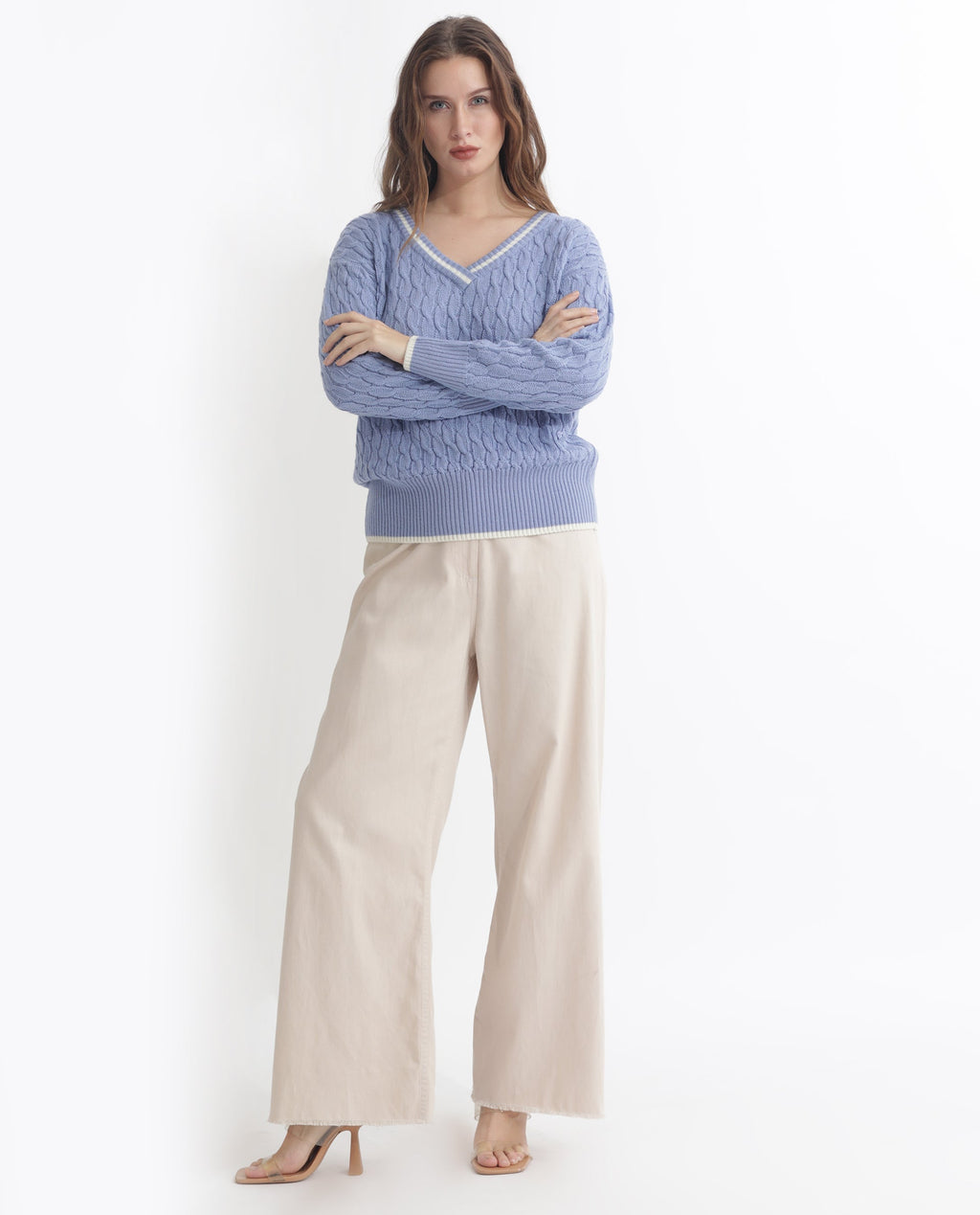 Rareism Women's Broun Light Blue Acrylic V-Neck Plain Relaxed Fit Sweater