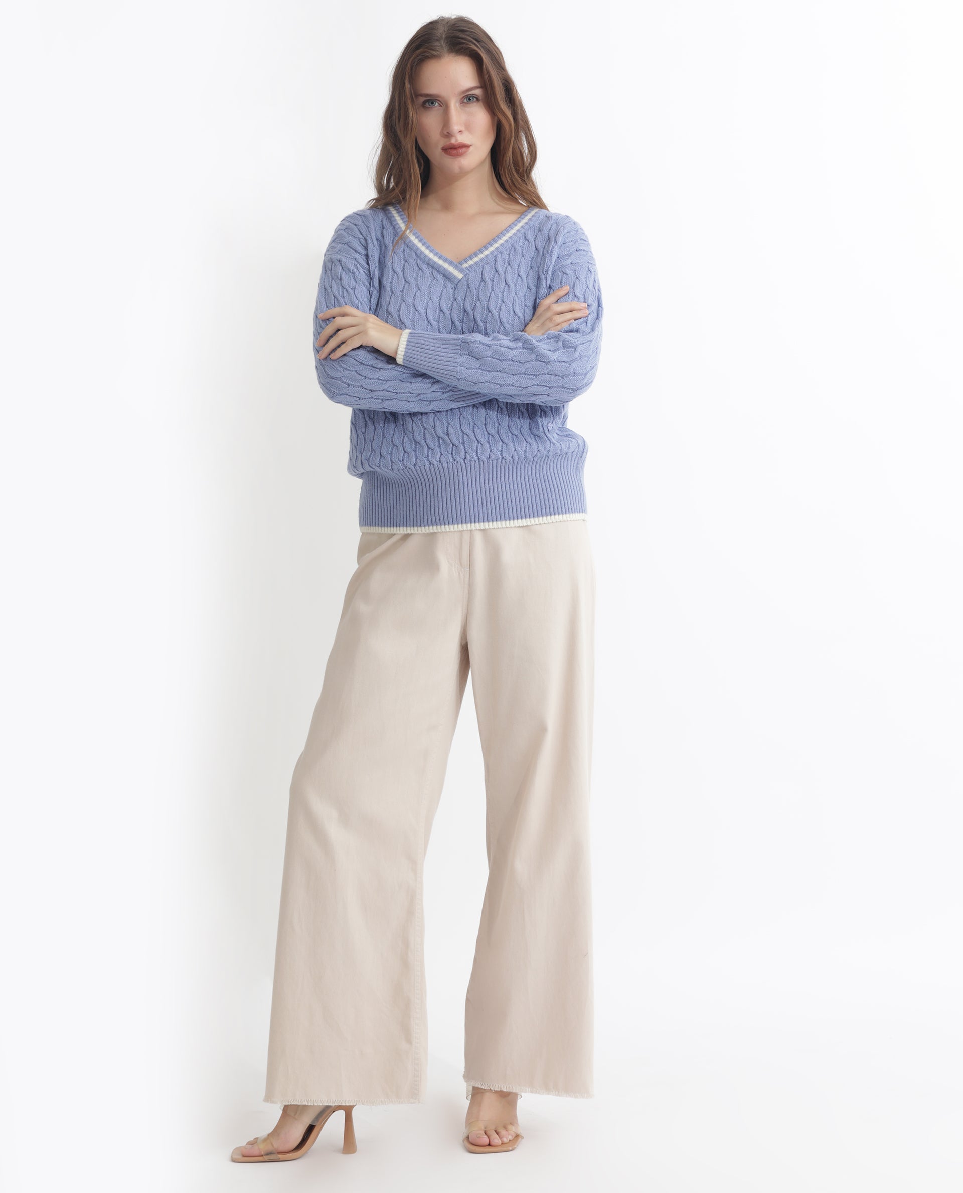 Rareism Women's Broun Light Blue Acrylic V-Neck Plain Relaxed Fit Sweater