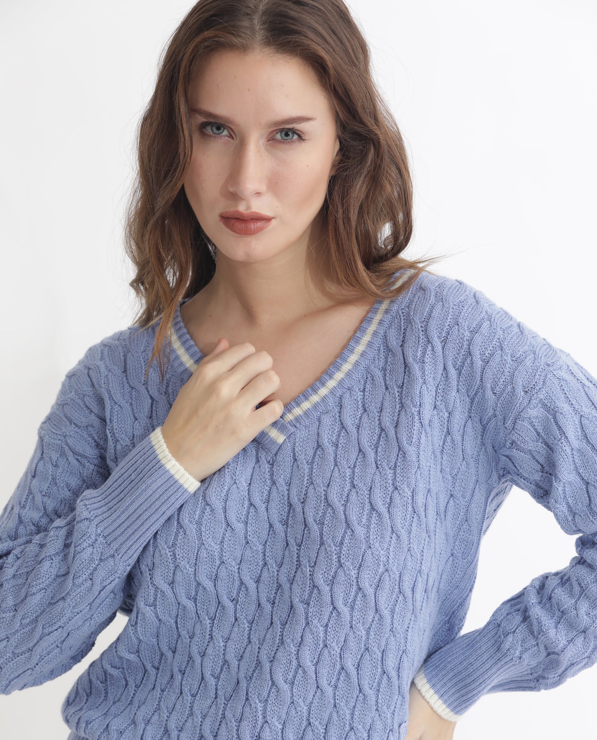 Rareism Women's Broun Light Blue Acrylic V-Neck Plain Relaxed Fit Sweater