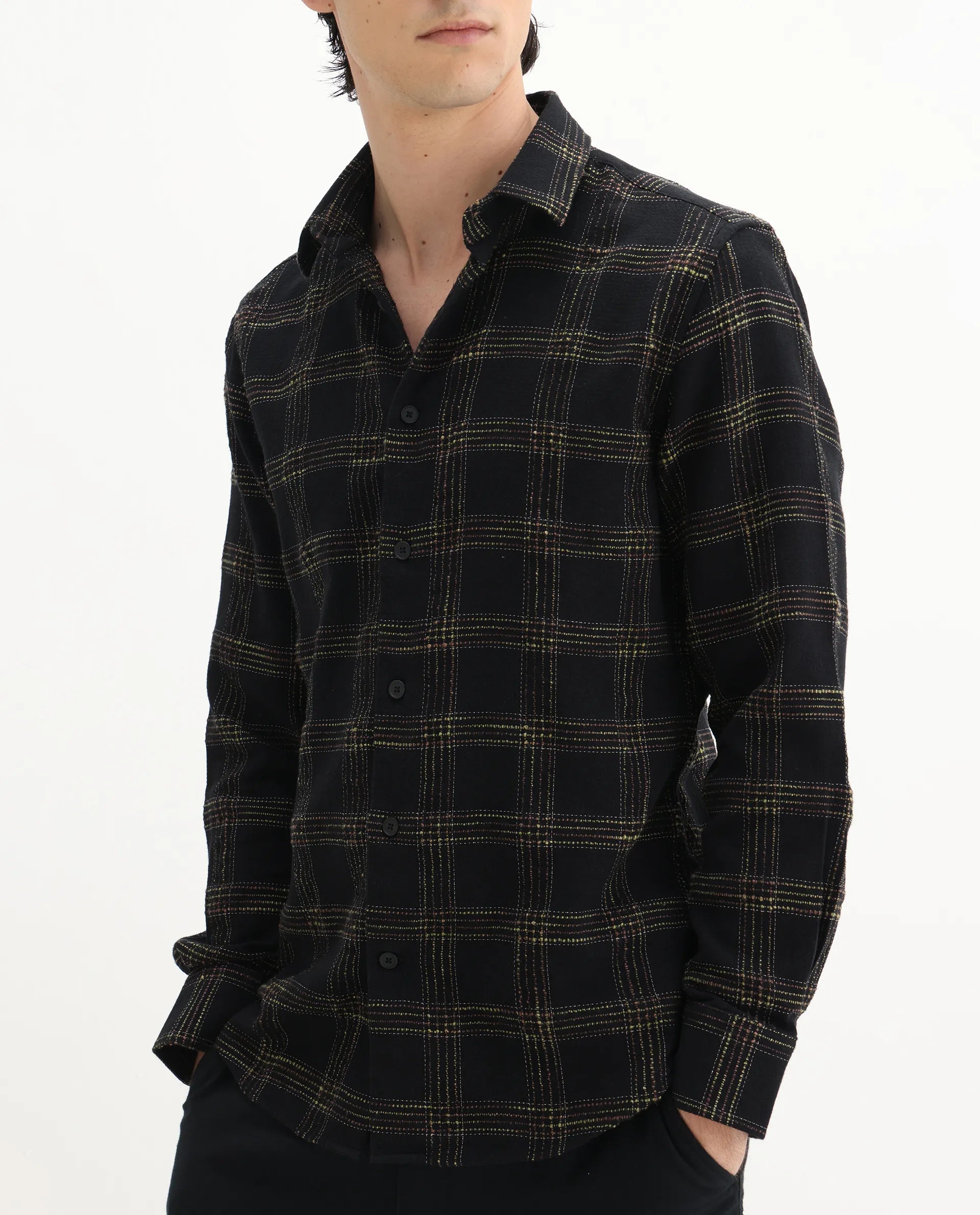 Rare Rabbit Men's Brule Black Cotton Blend Checked Print Regular Fit Full Sleeve Collared Shirt