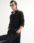 Rare Rabbit Men's Brule Black Cotton Blend Checked Print Regular Fit Full Sleeve Collared Shirt