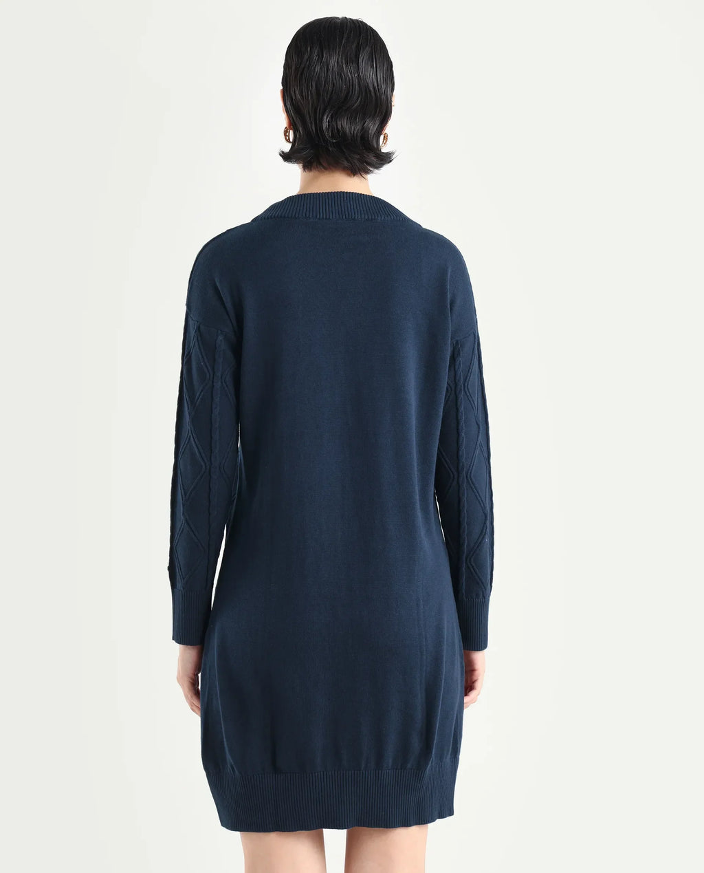 Rareism Women's Budd Navy Cotton Crew Neck Plain Knee Length Regular Fit Sweater