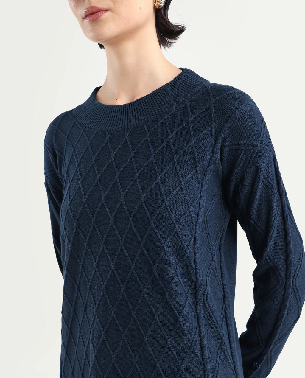 Rareism Women's Budd Navy Cotton Crew Neck Plain Knee Length Regular Fit Sweater