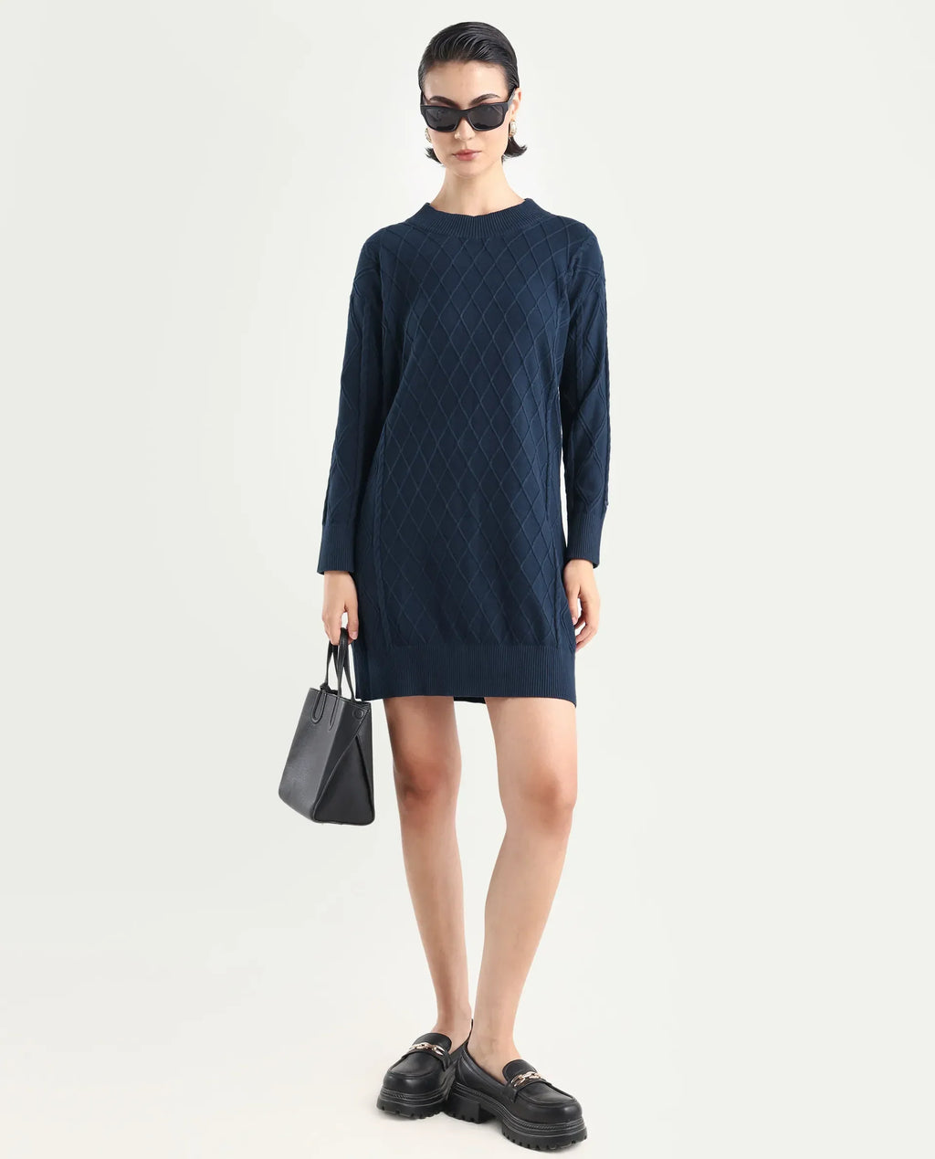 Rareism Women's Budd Navy Cotton Crew Neck Plain Knee Length Regular Fit Sweater