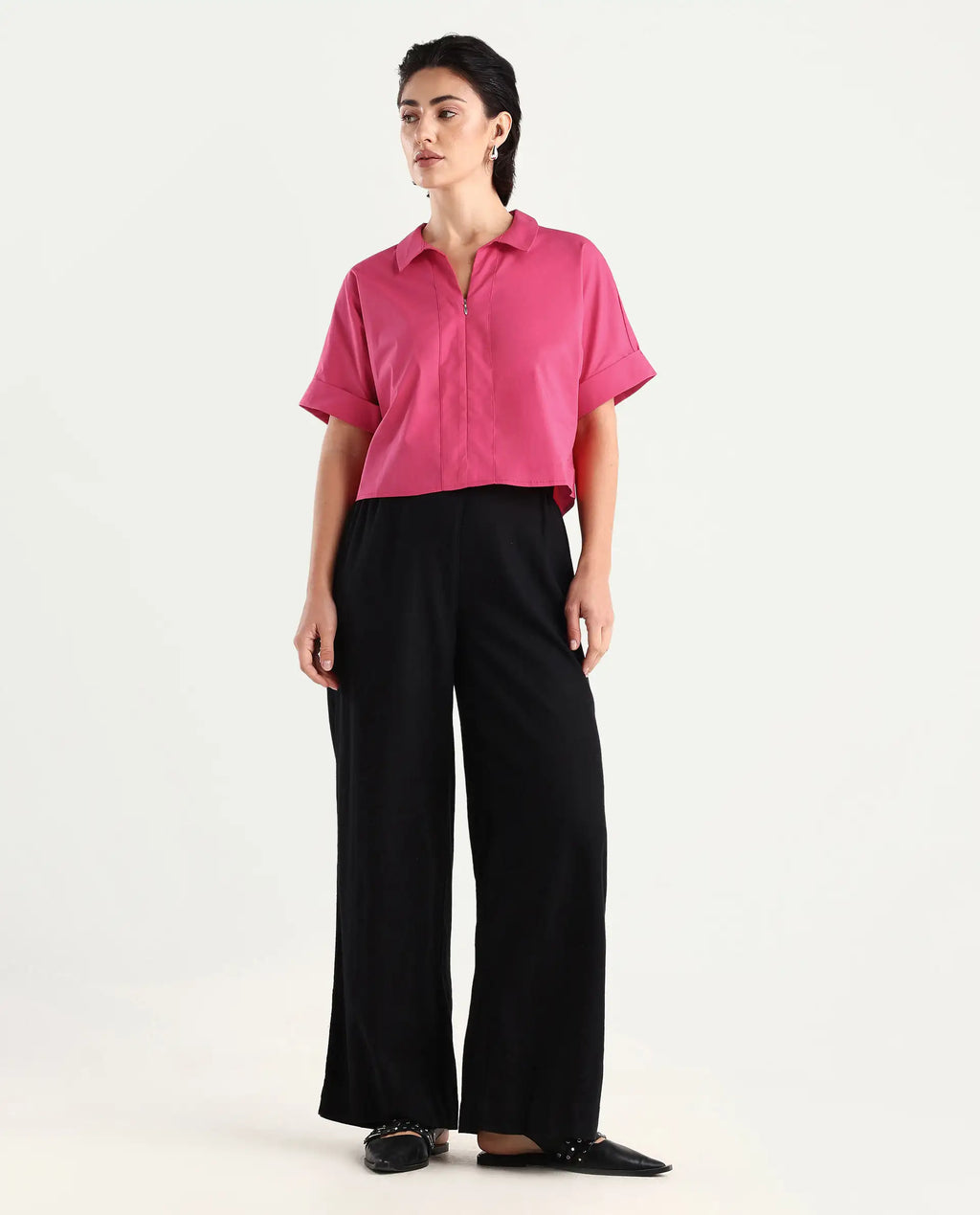 Rareism Women's Buener Pink Cotton Blend Drop Collar Plain Extended Sleeves Crop Boxy Fit Top