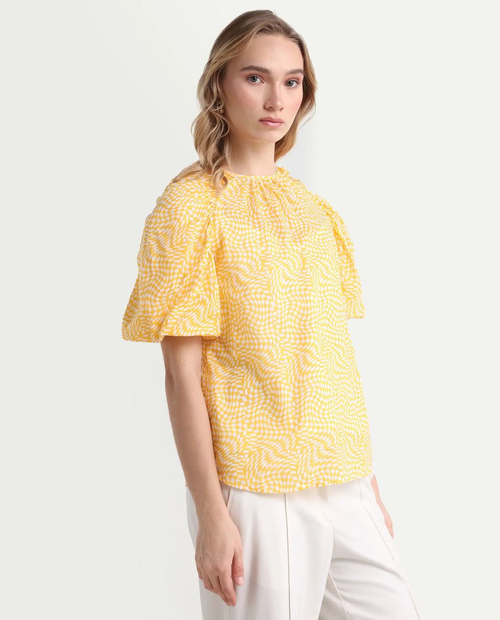 Rareism Women's Bulbine Yellow Cotton Crew Neck Geometric Print Extended Sleeves Regular Fit Top
