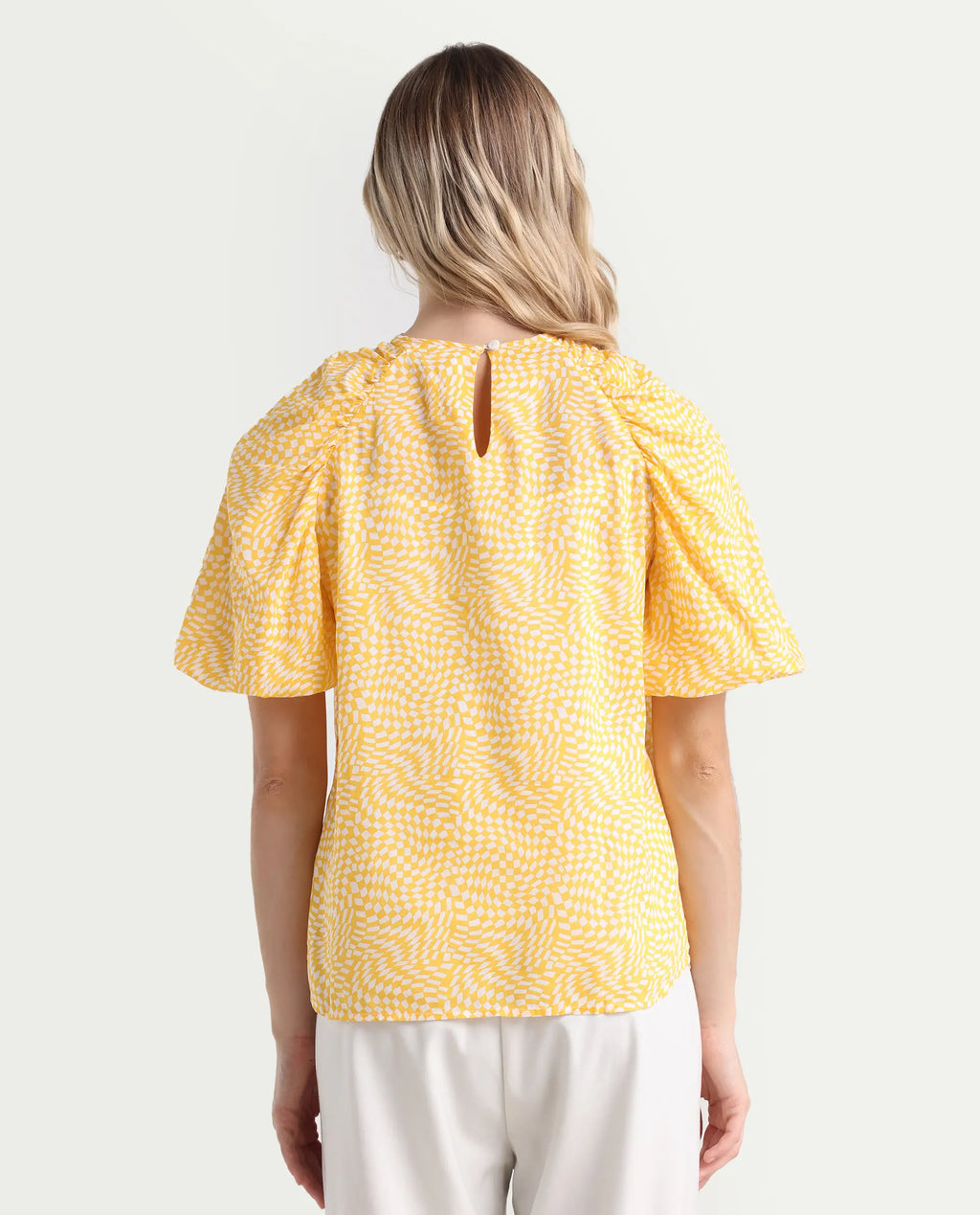 Rareism Women's Bulbine Yellow Cotton Crew Neck Geometric Print Extended Sleeves Regular Fit Top