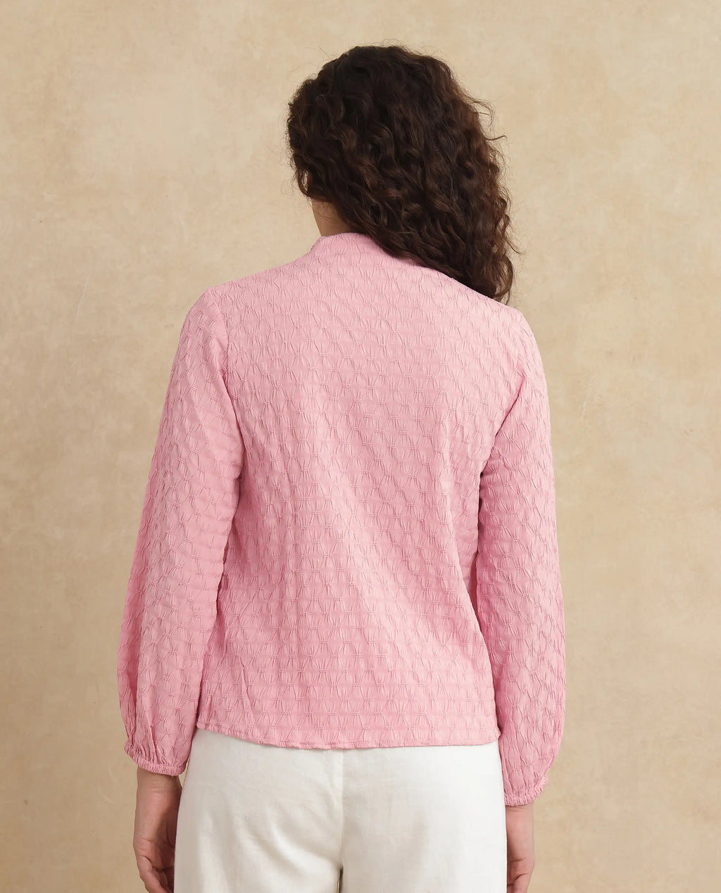 Rareism Women's Bummo Light Pink Polyester V-Neck Plain Balloon Sleeve Regular Fit Top