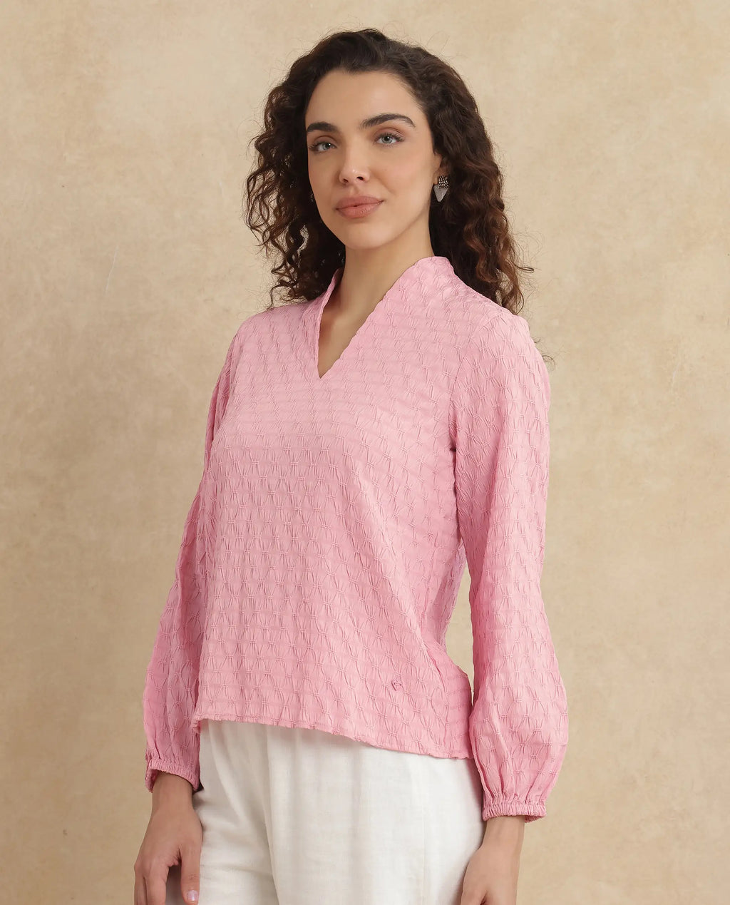 Rareism Women's Bummo Light Pink Polyester V-Neck Plain Balloon Sleeve Regular Fit Top