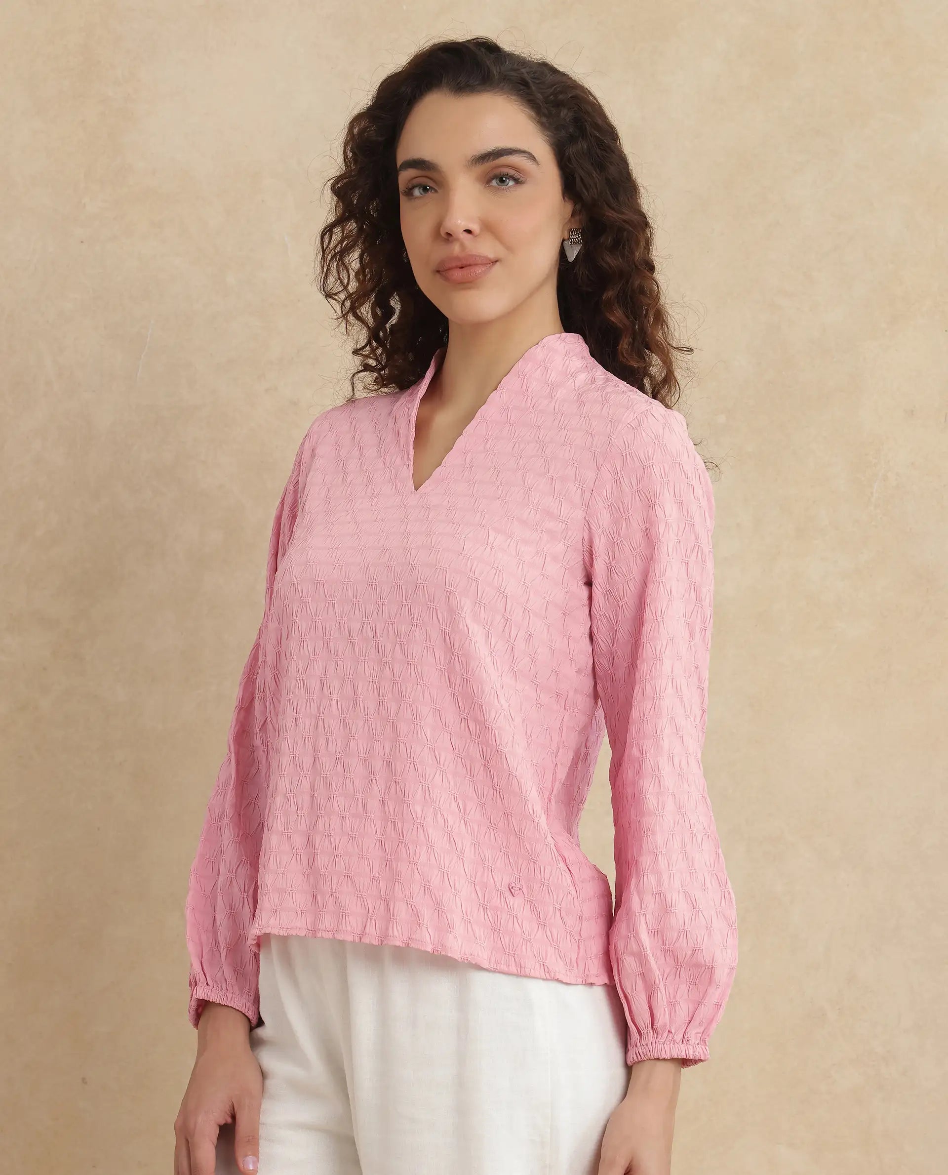 Rareism Women's Bummo Light Pink Polyester V-Neck Plain Balloon Sleeve Regular Fit Top