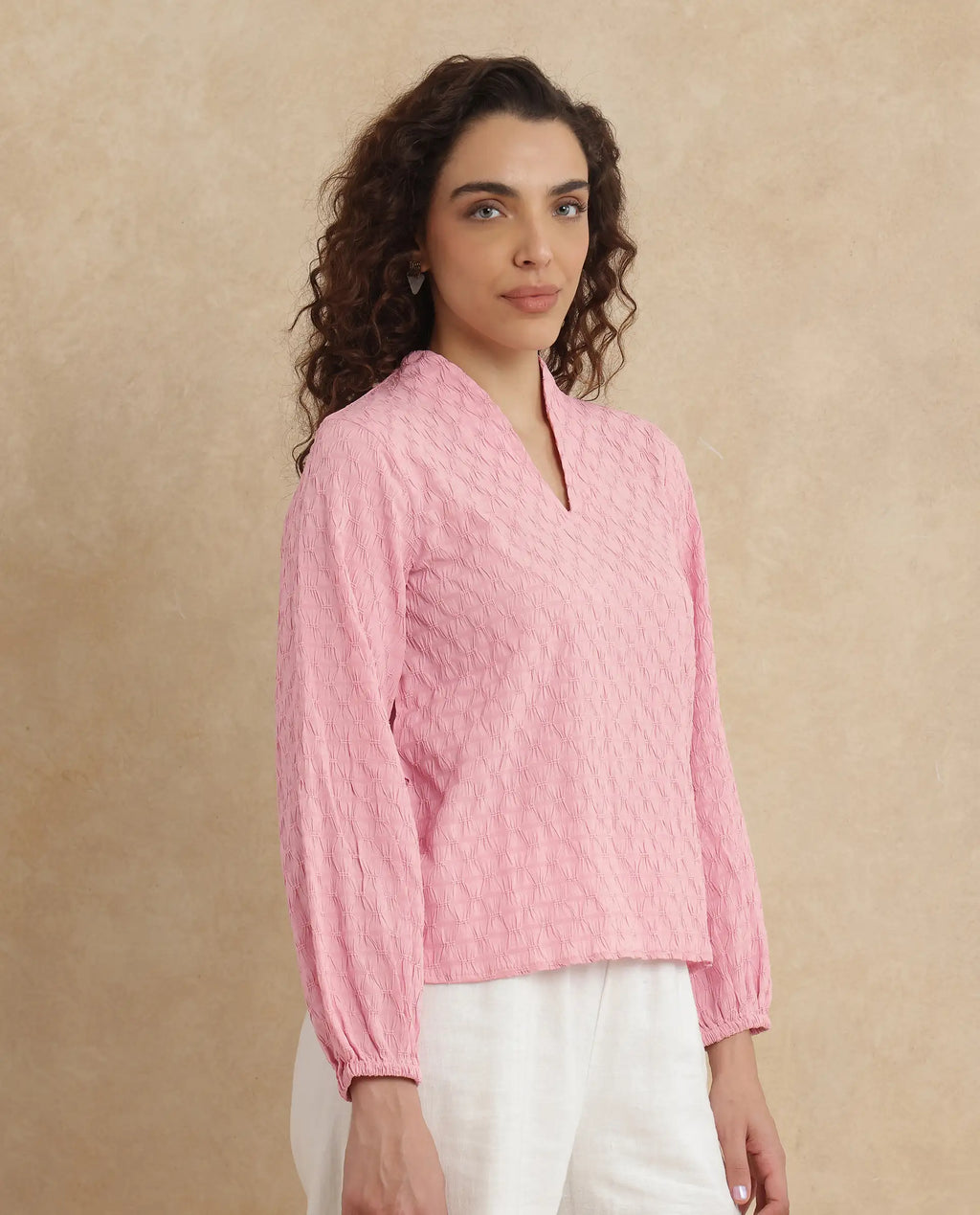 Rareism Women's Bummo Light Pink Polyester V-Neck Plain Balloon Sleeve Regular Fit Top