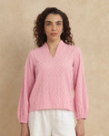 Rareism Women's Bummo Light Pink Polyester V-Neck Plain Balloon Sleeve Regular Fit Top