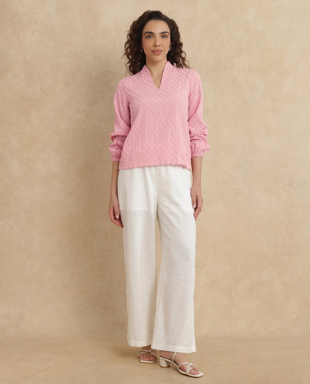 Rareism Women's Bummo Light Pink Polyester V-Neck Plain Balloon Sleeve Regular Fit Top