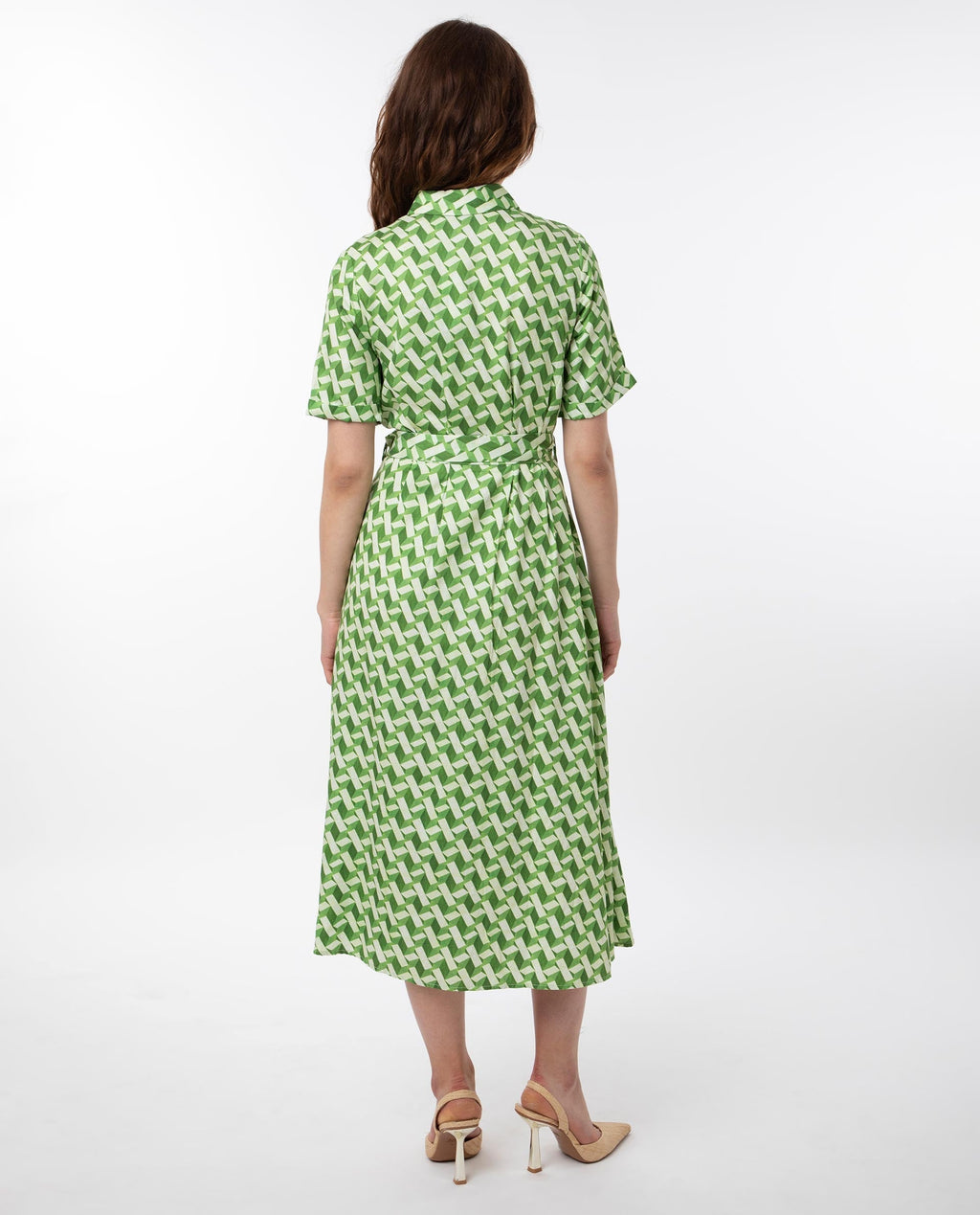 Rareism Women's Bunt Green Cotton Spread Collar Geometric Print Knee Length Regular Fit Dress