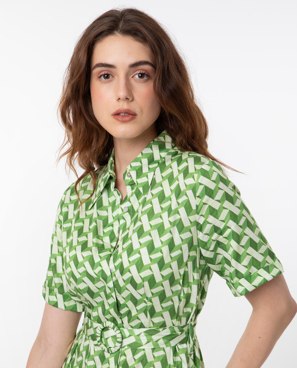 Rareism Women's Bunt Green Cotton Spread Collar Geometric Print Knee Length Regular Fit Dress