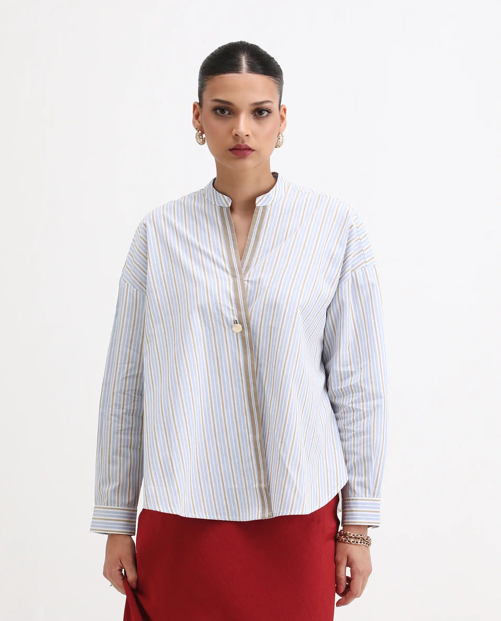 Rareism Women's Buqo Light Blue Cotton Cuffed Sleeve Mandarin Collar Regular Fit Shirt