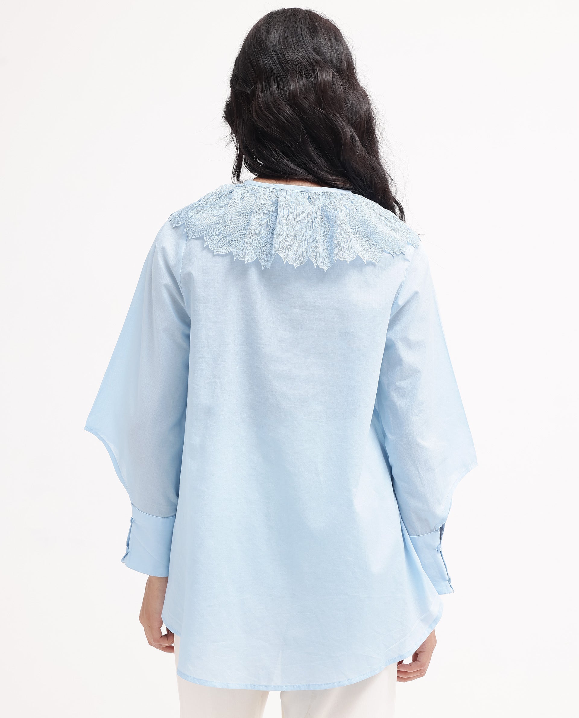 Rareism Women Burrido Light Blue Cotton Fabric Collared Neck Solid Regular Fit Shirt