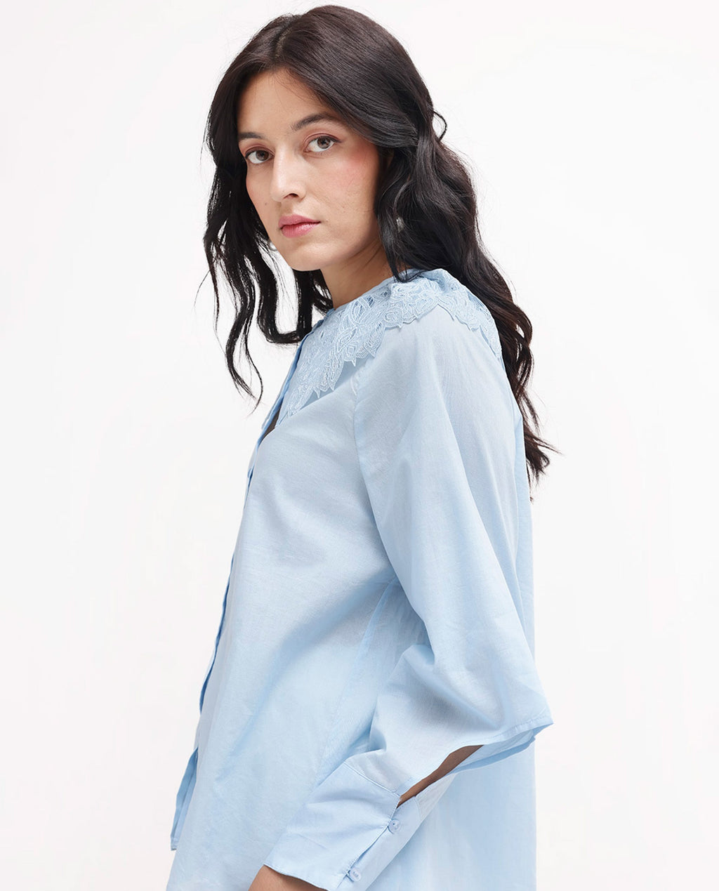 Rareism Women Burrido Light Blue Cotton Fabric Collared Neck Solid Regular Fit Shirt