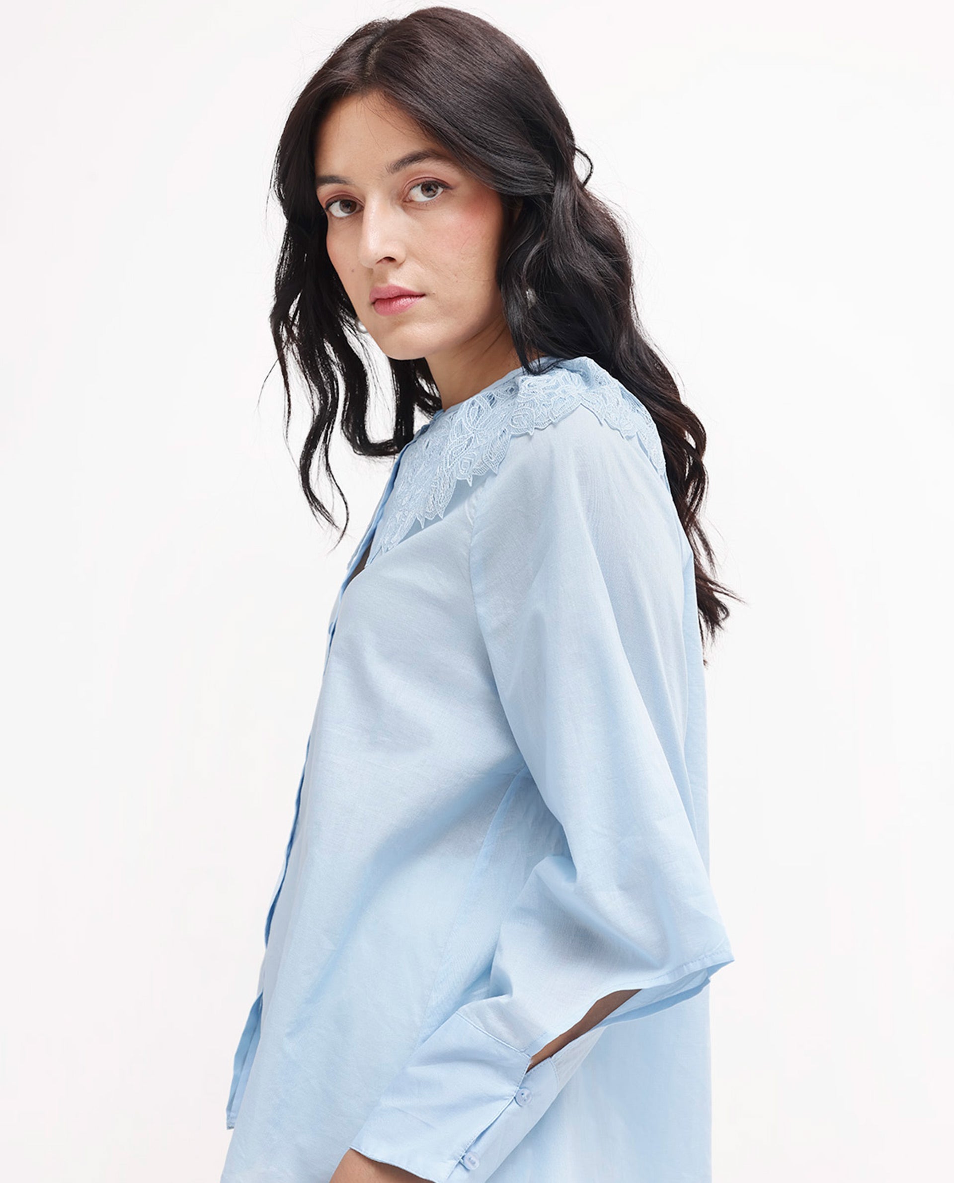 Rareism Women Burrido Light Blue Cotton Fabric Collared Neck Solid Regular Fit Shirt