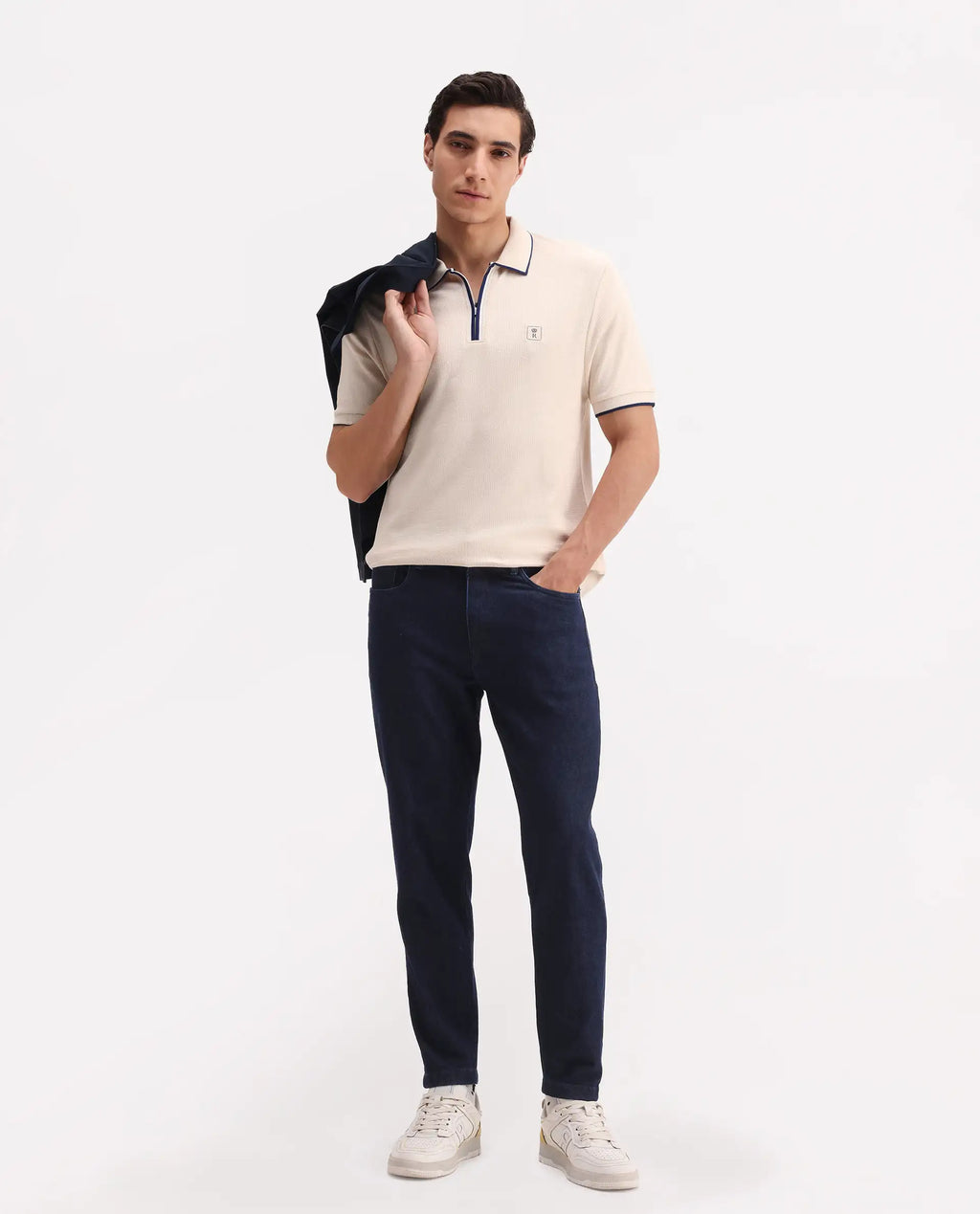 Rare Rabbit Men's Burrow Off White Cotton Plain Regular Fit Half Sleeve Polo